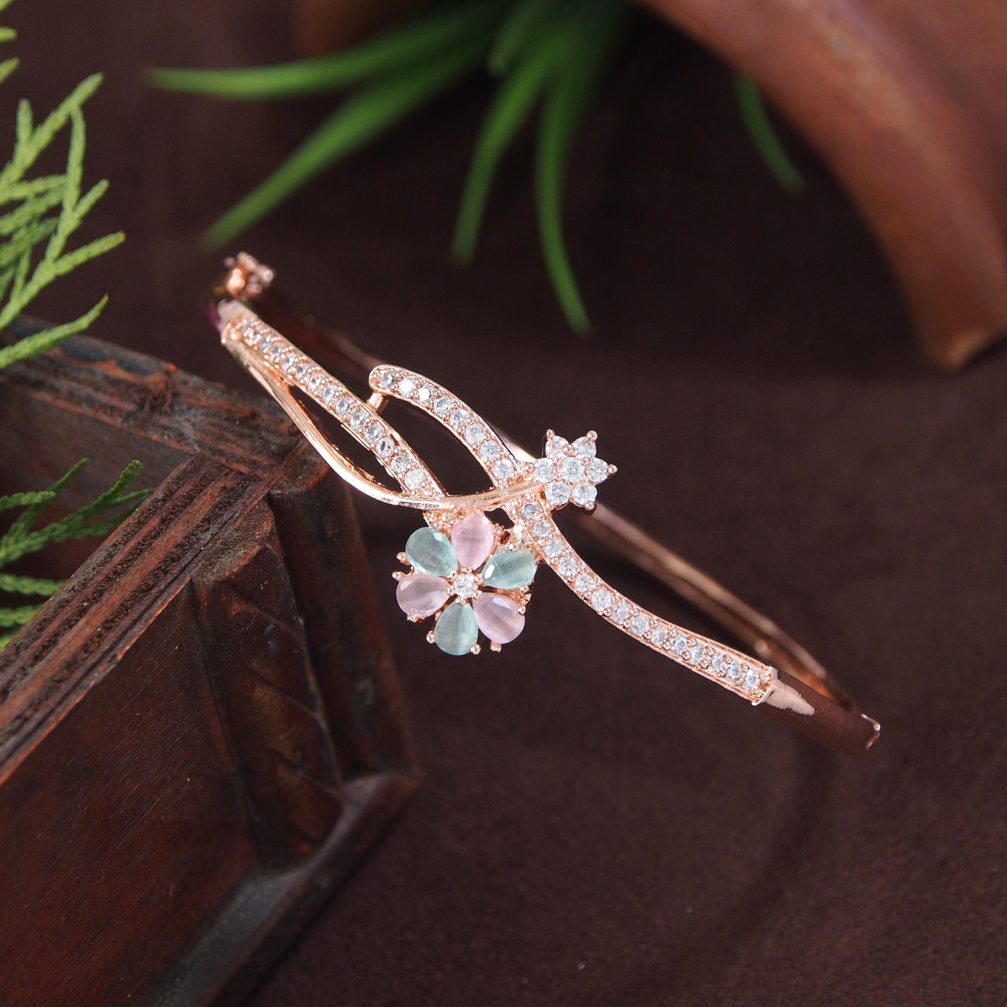 American Diamond Free Size Openable Micro Rose Gold Polish Bracelet