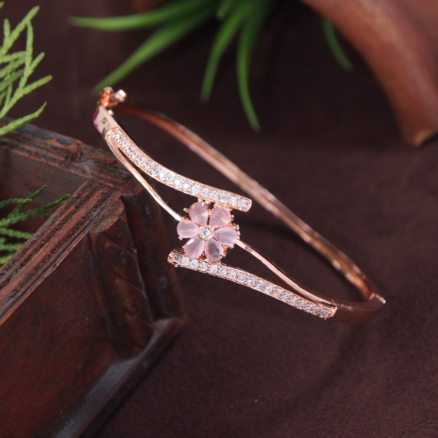 American Diamond Free Size Openable Micro Rose Gold Polish Bracelet