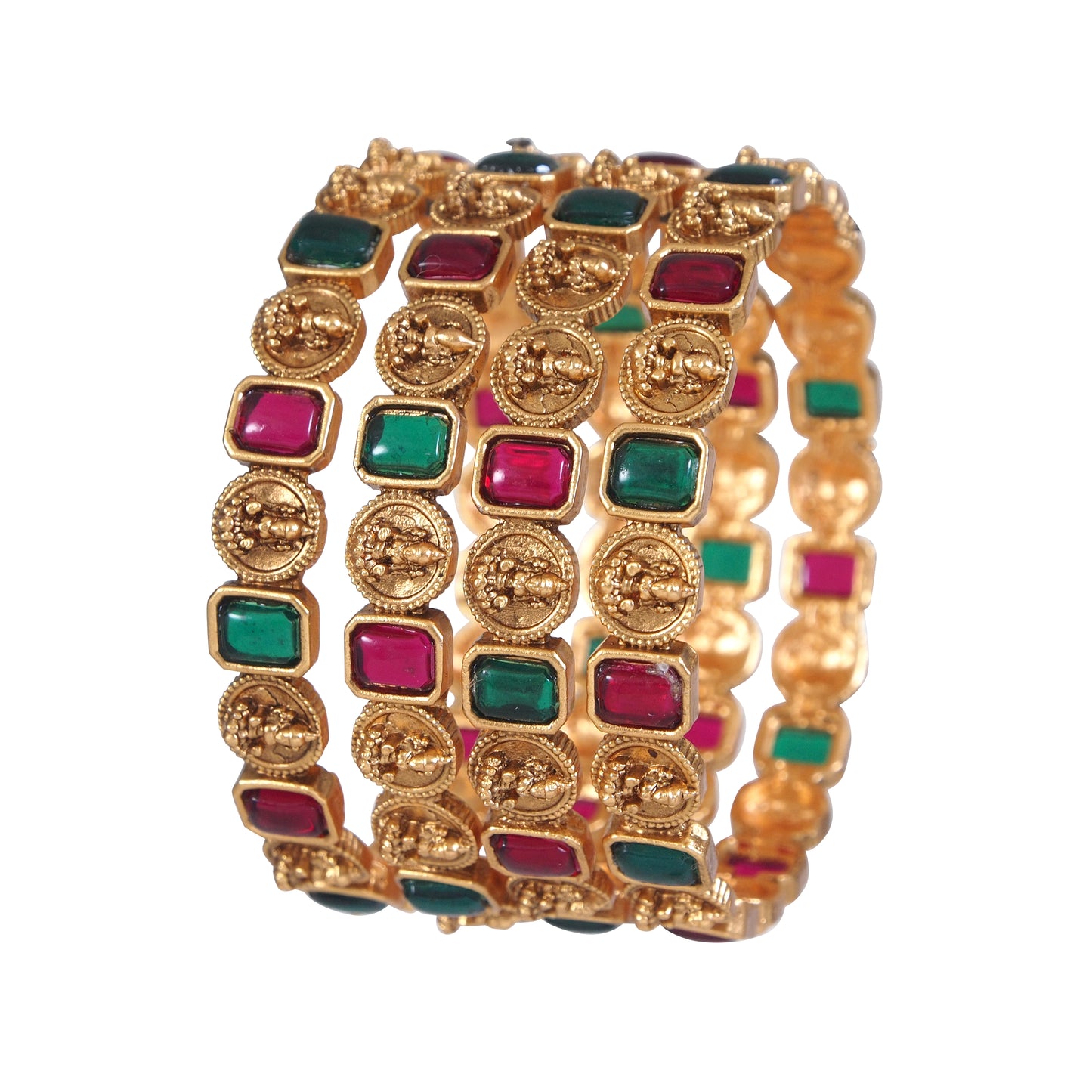 Orna Brass Matte laxmi Temple Bangle (Pack of 4)