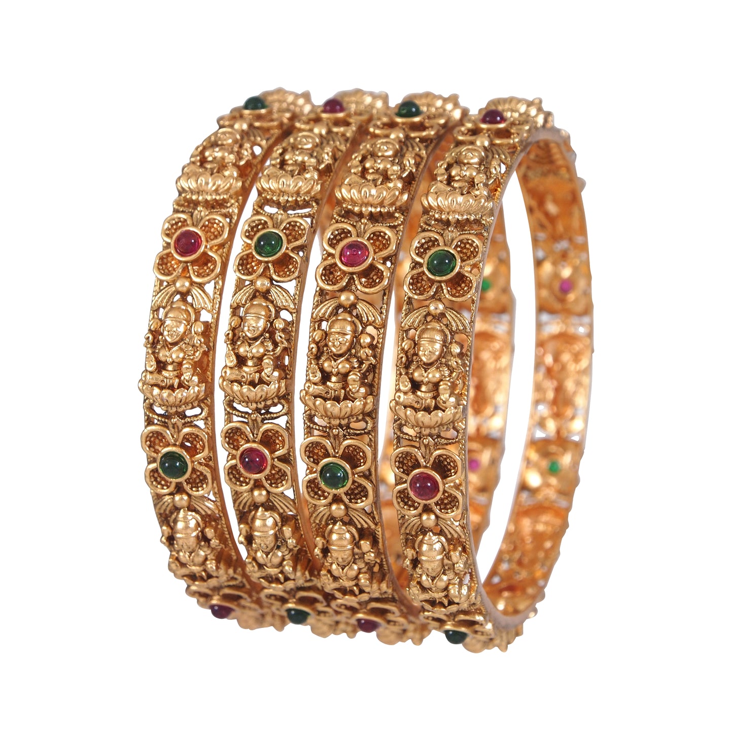 Orna Brass Matte laxmi Temple Bangle (Pack of 4)