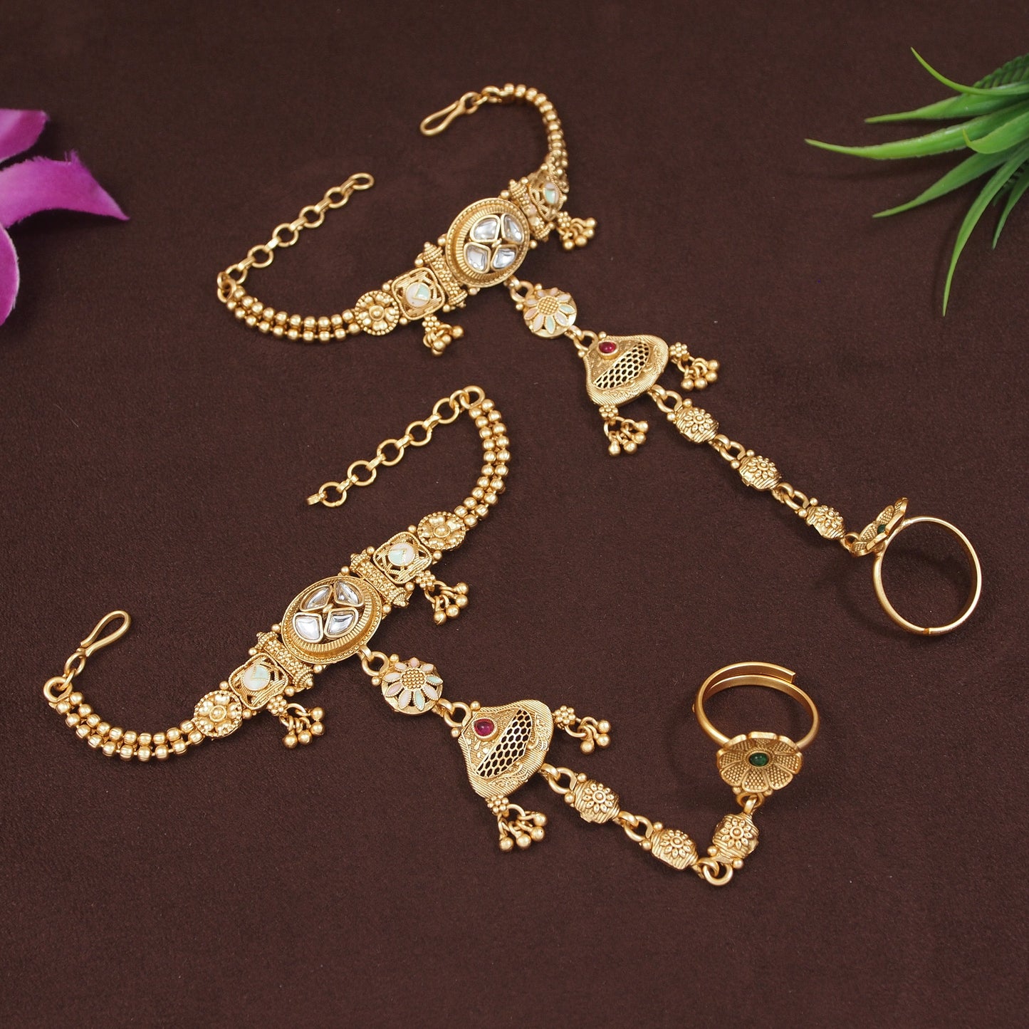 Antique Gold-Plated Kundan Hathphool with Floral & Jhumka Detailing