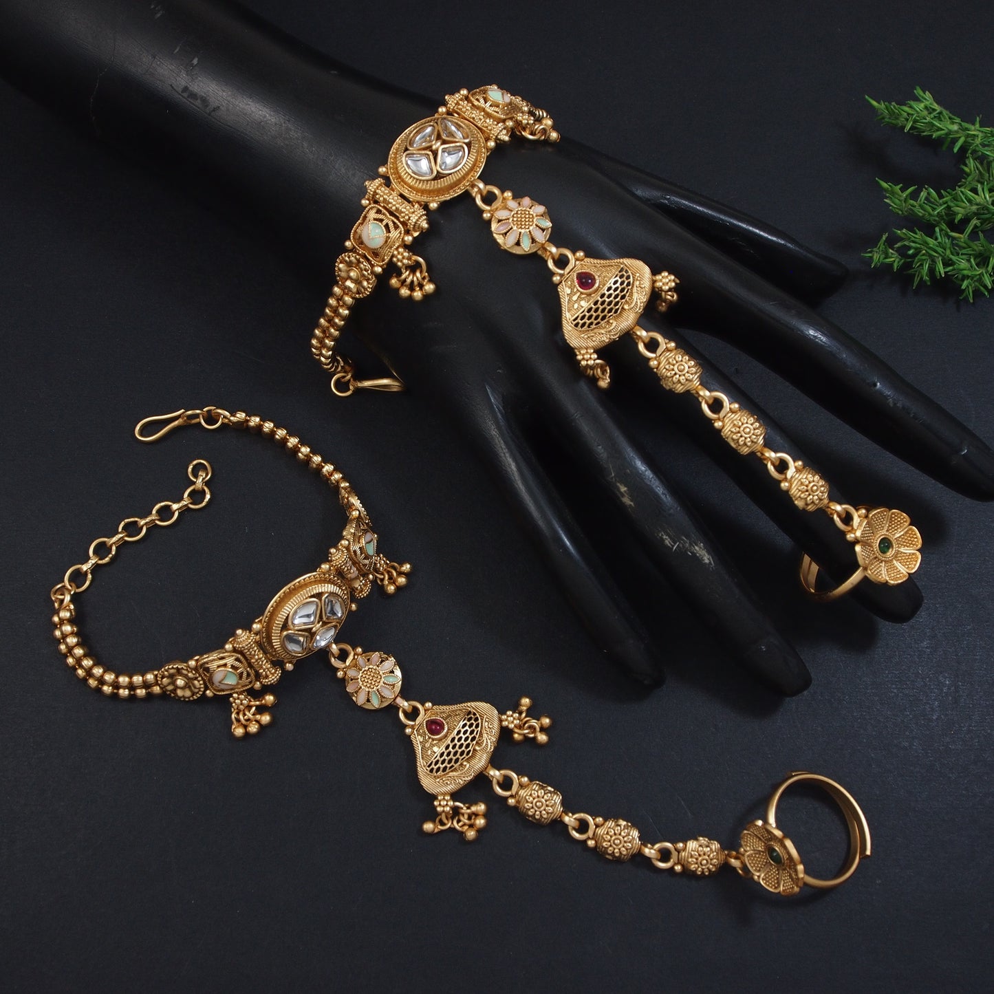 Antique Gold-Plated Kundan Hathphool with Floral & Jhumka Detailing