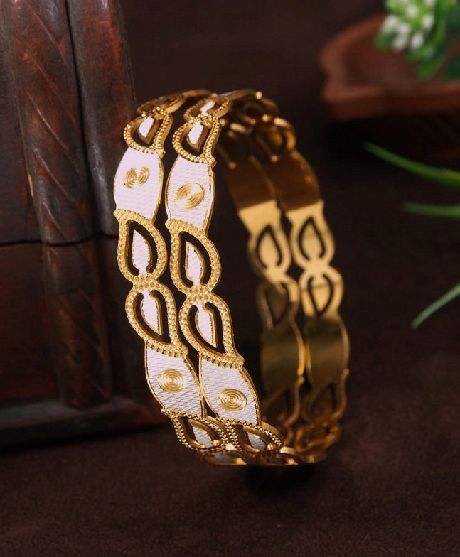 Elegant White and Gold-Plated Designer Bangles with leaf Cutout