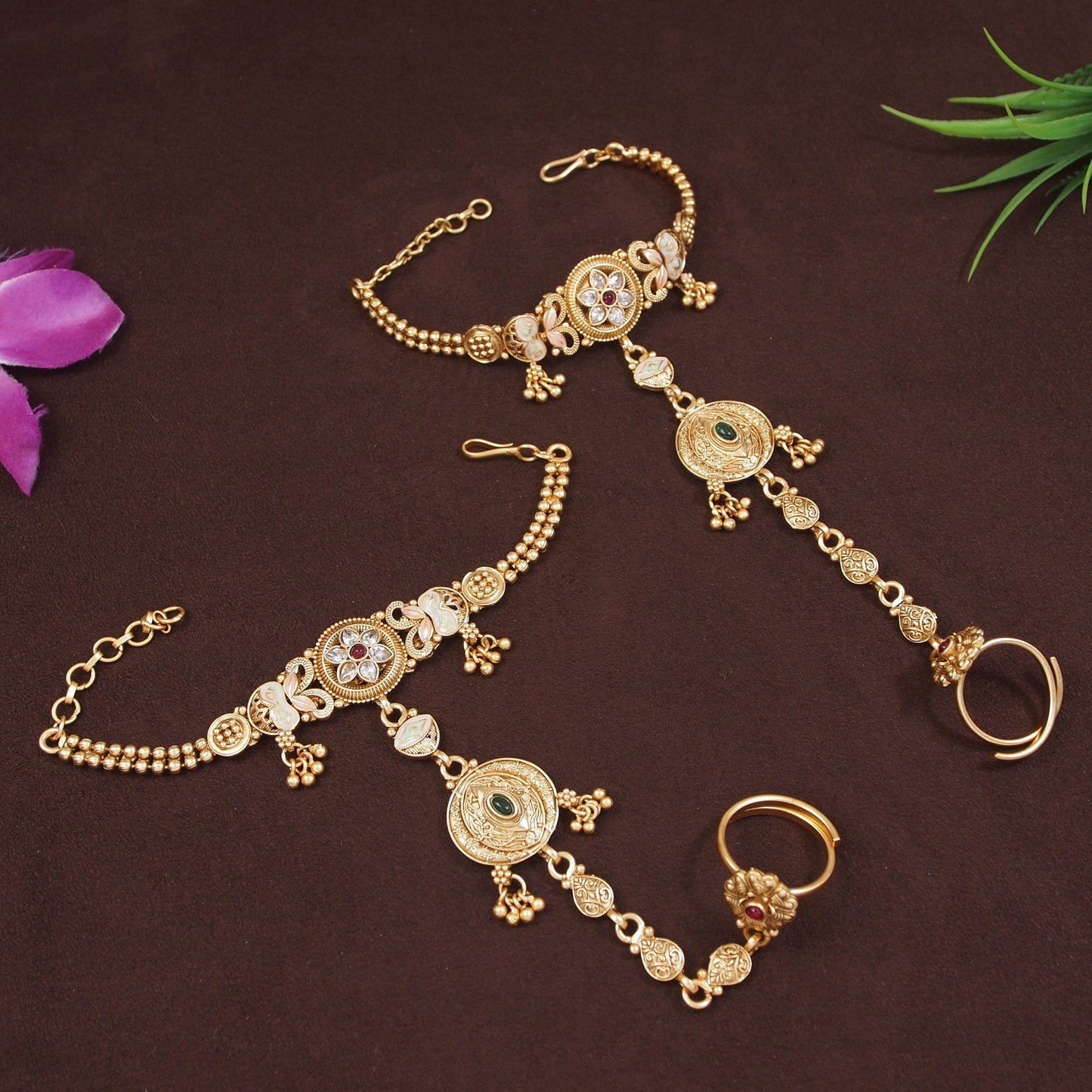 Royal Antique Gold-Plated Floral Hathphool with Kundan & Beaded Detailing