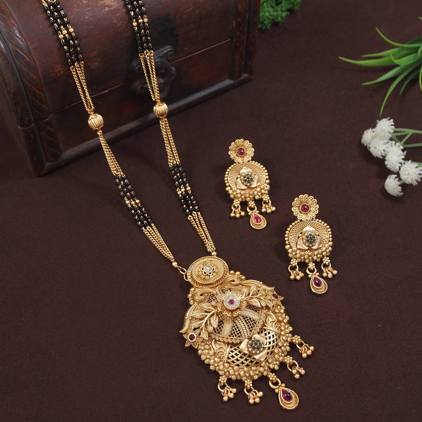 Traditional Gold-Plated Bridal Mangalsutra Set with Earrings