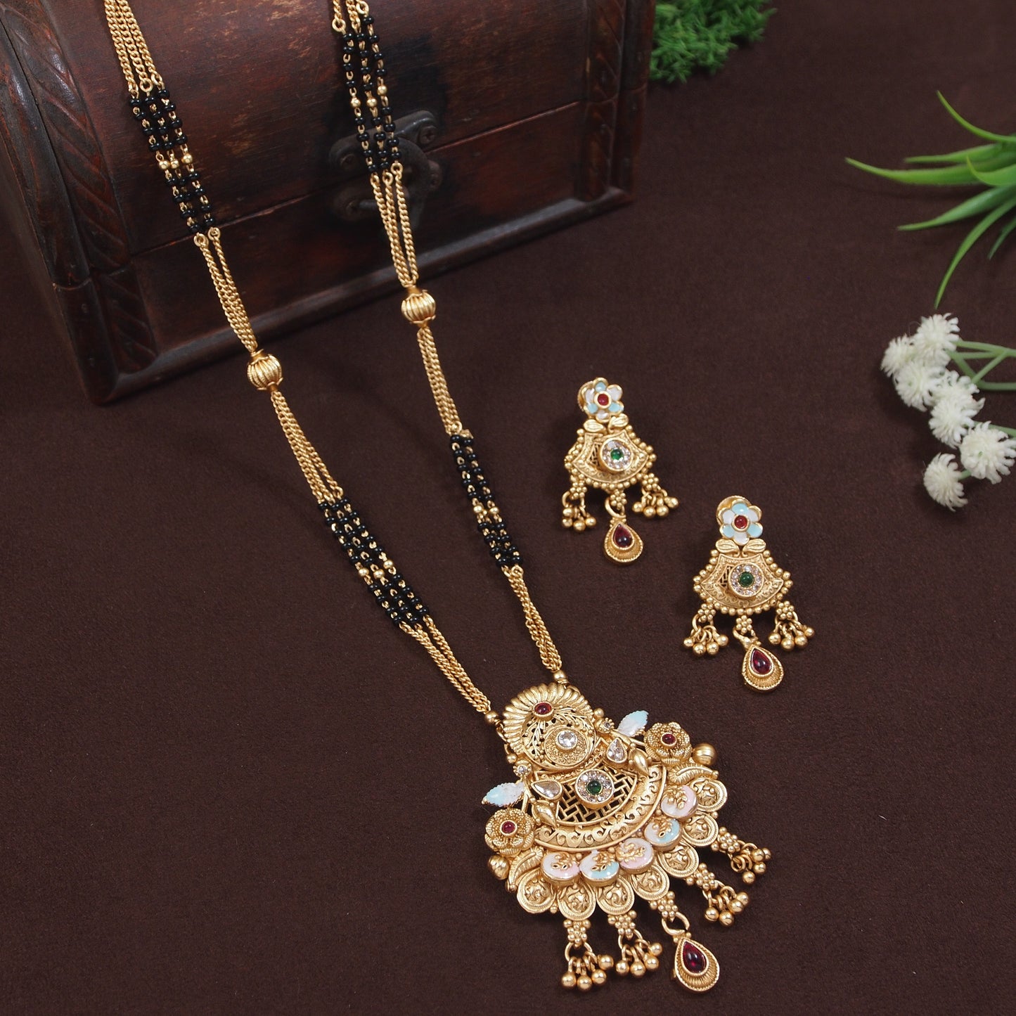 Exquisite Gold-Plated Meenakari Bridal Mangalsutra Set with Earrings