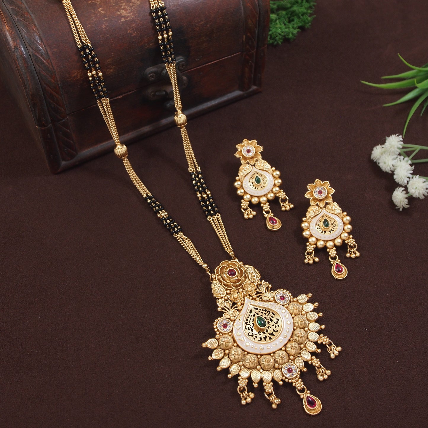 Royal Gold-Plated Meenakari Bridal Mangalsutra Set with Earrings