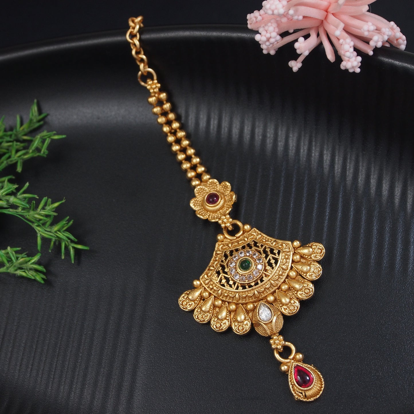Antique Gold-Plated Chandbali Maang Tikka with Green & Red Gemstones