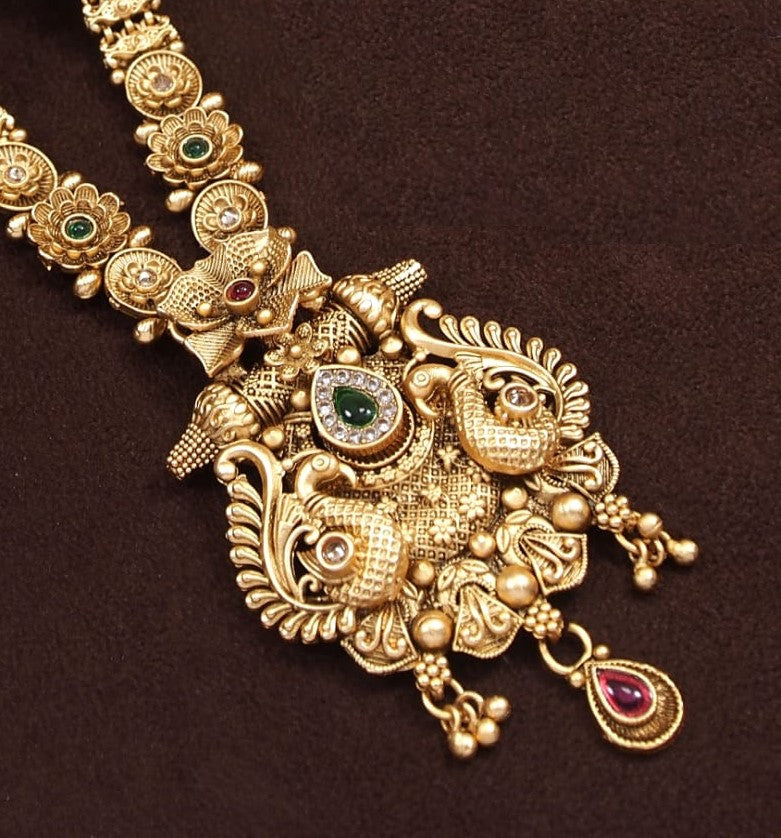 Orna Antique Long Brass Studded with American Diamond Necklace Set