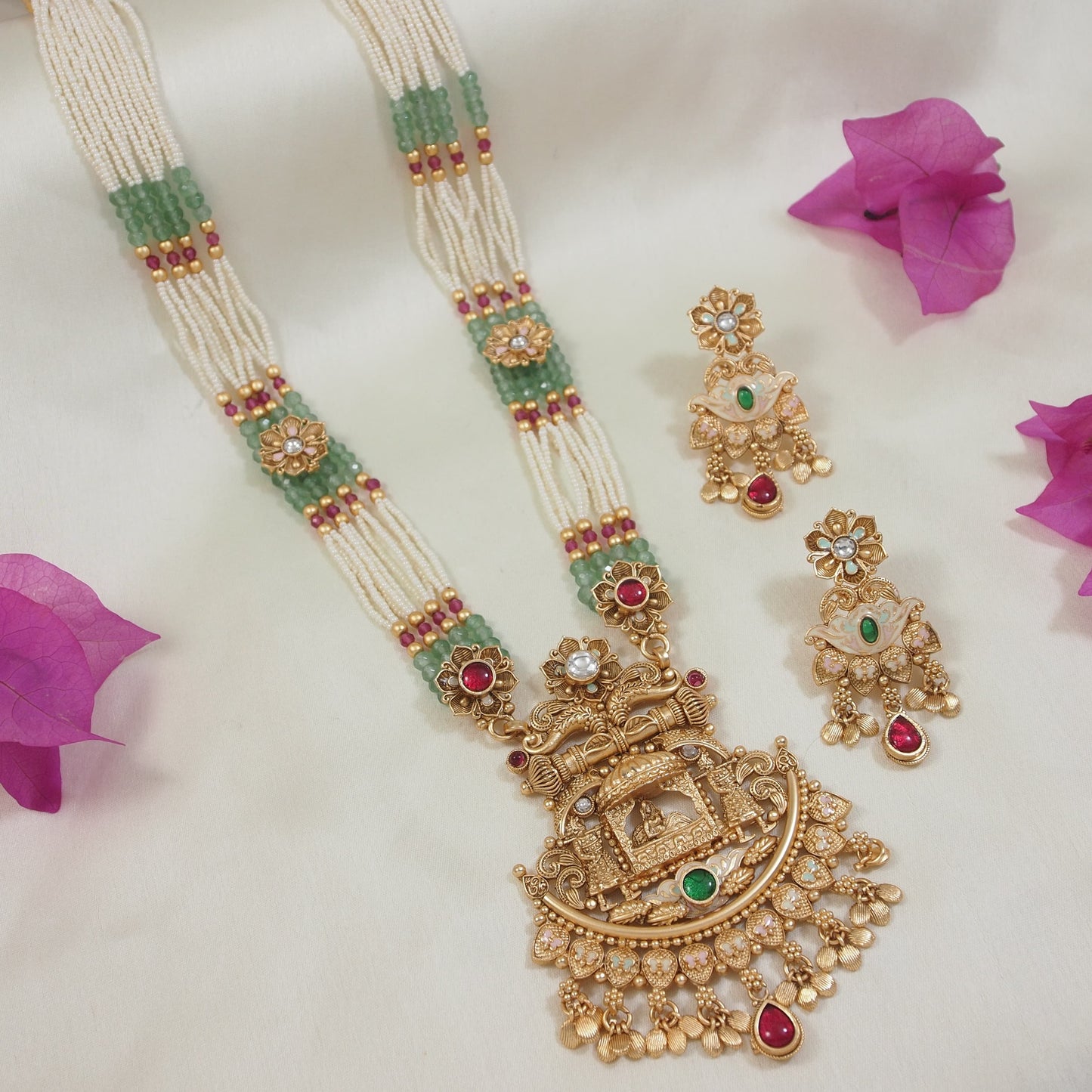 Royal Bridal Long Brass Necklace Set with Pearl Beads and Kundan Embellishments