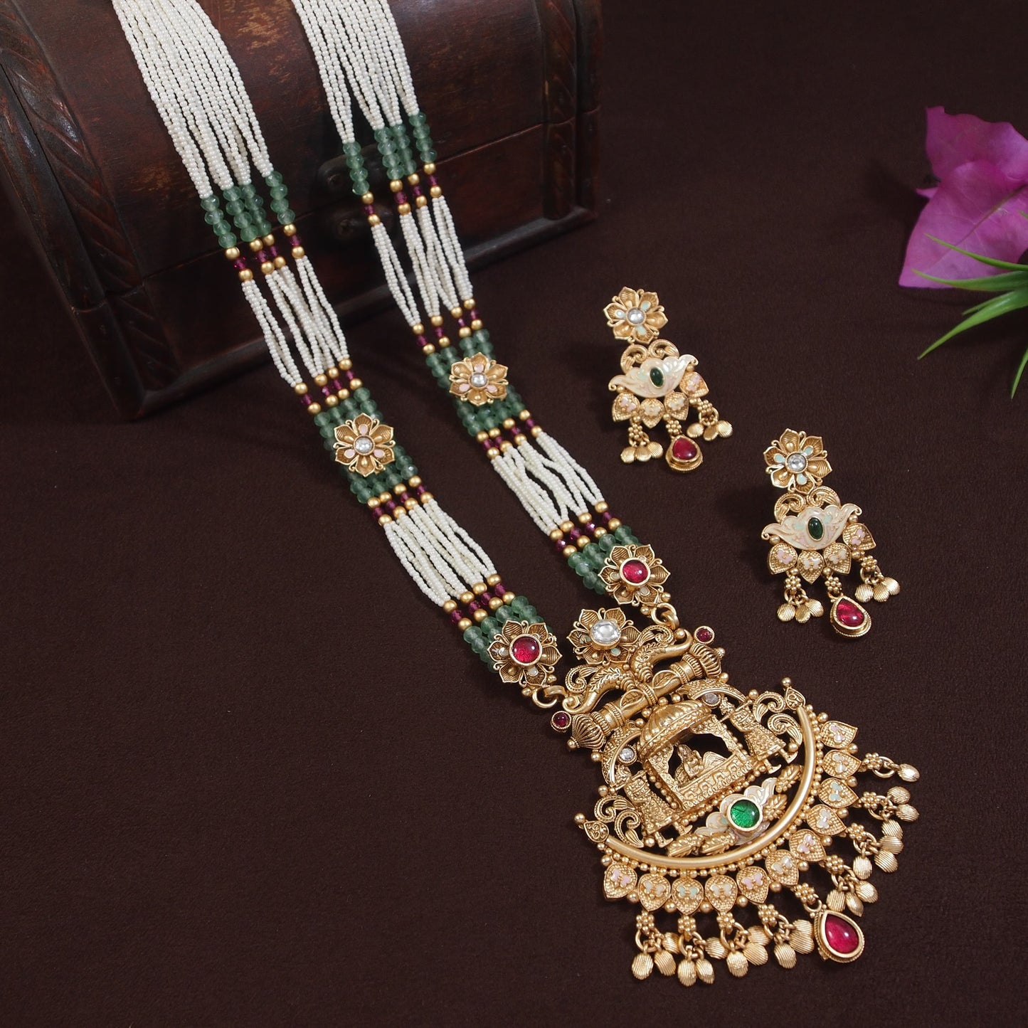 Royal Bridal Long Brass Necklace Set with Pearl Beads and Kundan Embellishments