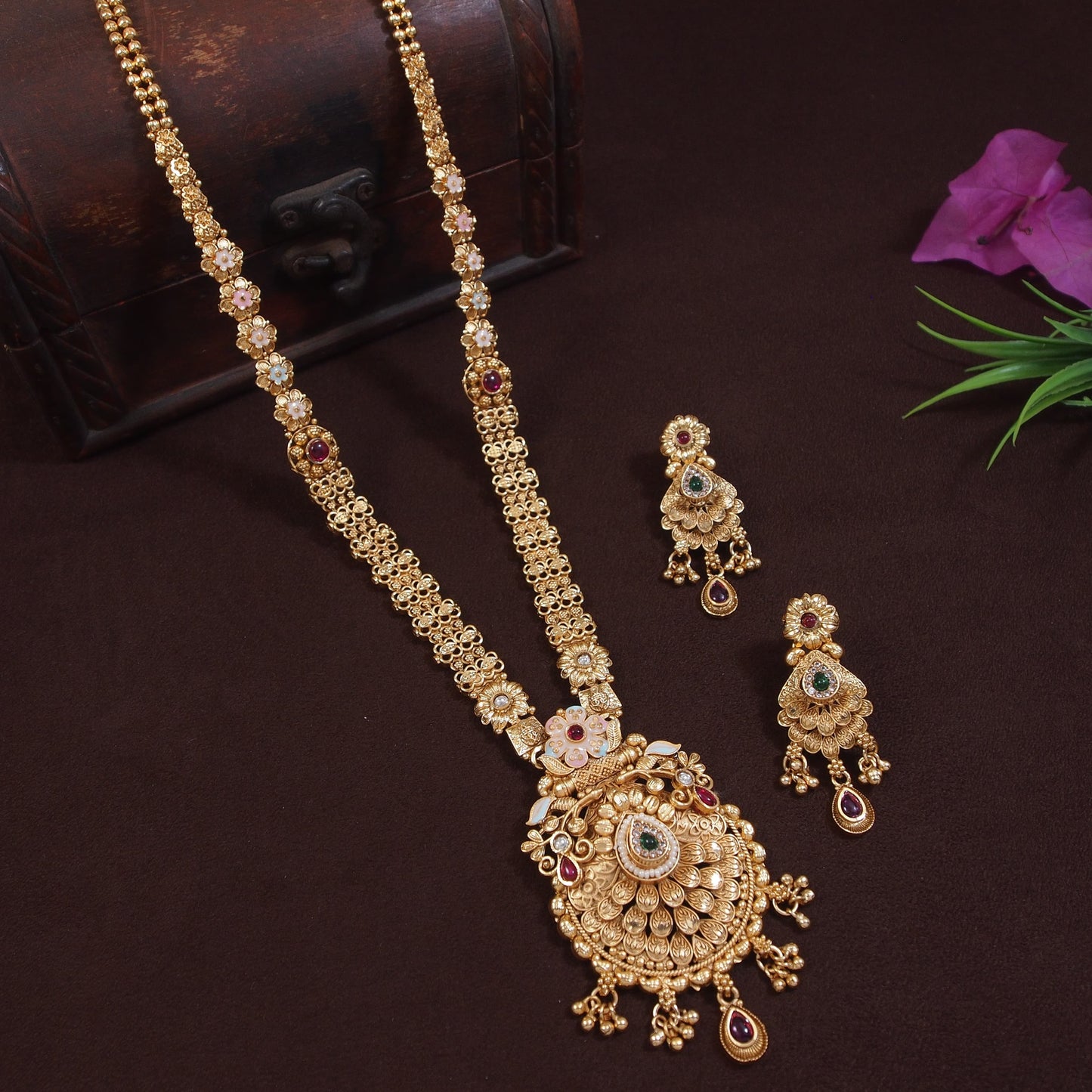 Traditional Gold-Toned Long Brass Necklace Set with Intricate Filigree and Kundan Embellishments