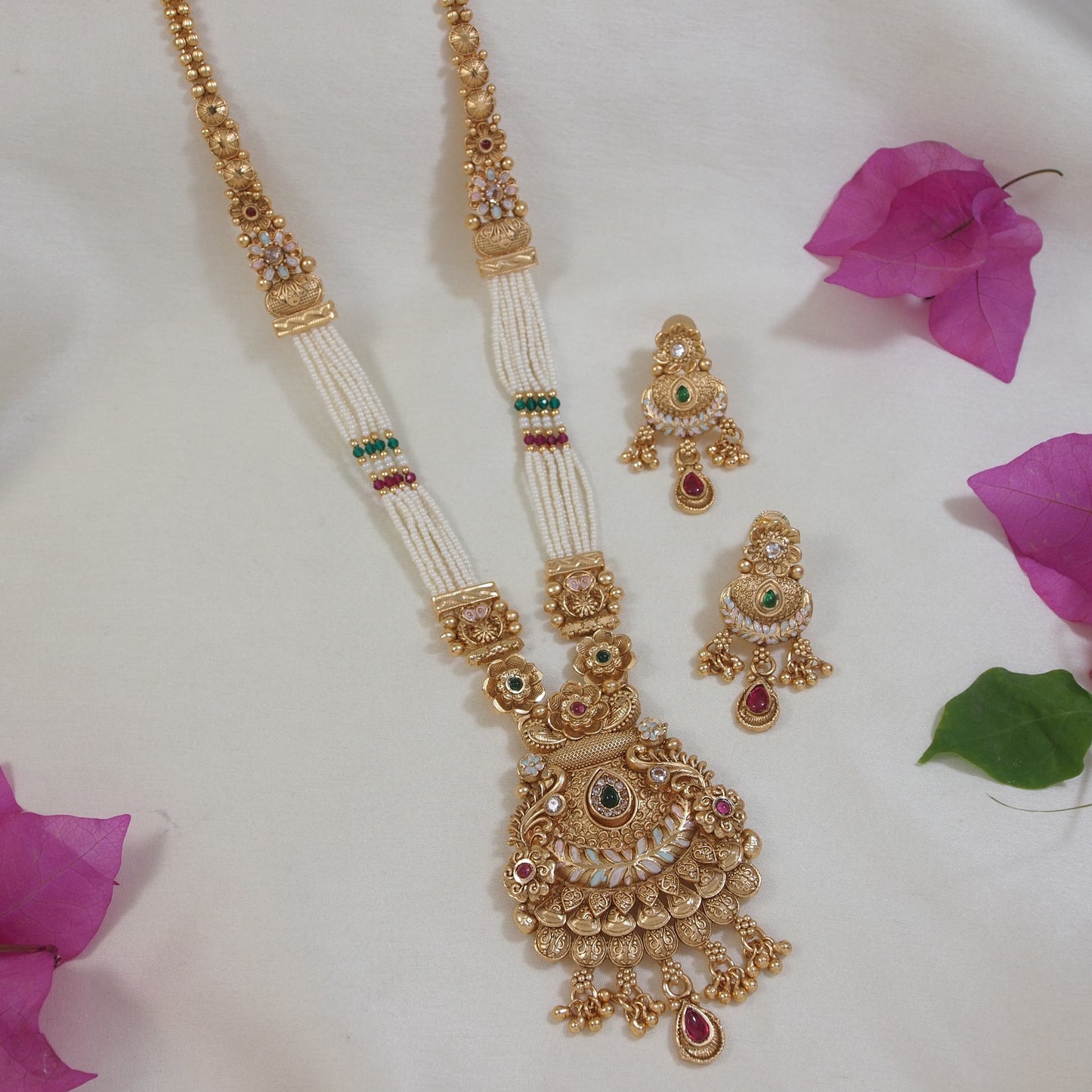 Elegant Gold-Toned Long Brass Necklace Set with Pearl Beads and Intricate Temple Design