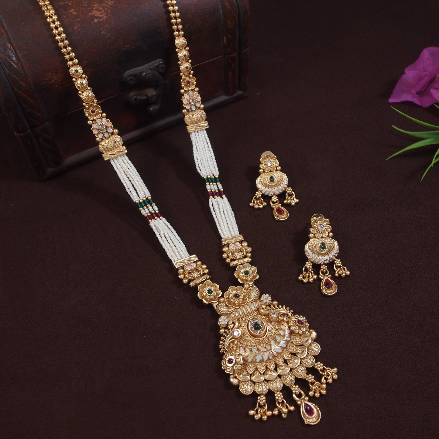 Elegant Gold-Toned Long Brass Necklace Set with Pearl Beads and Intricate Temple Design