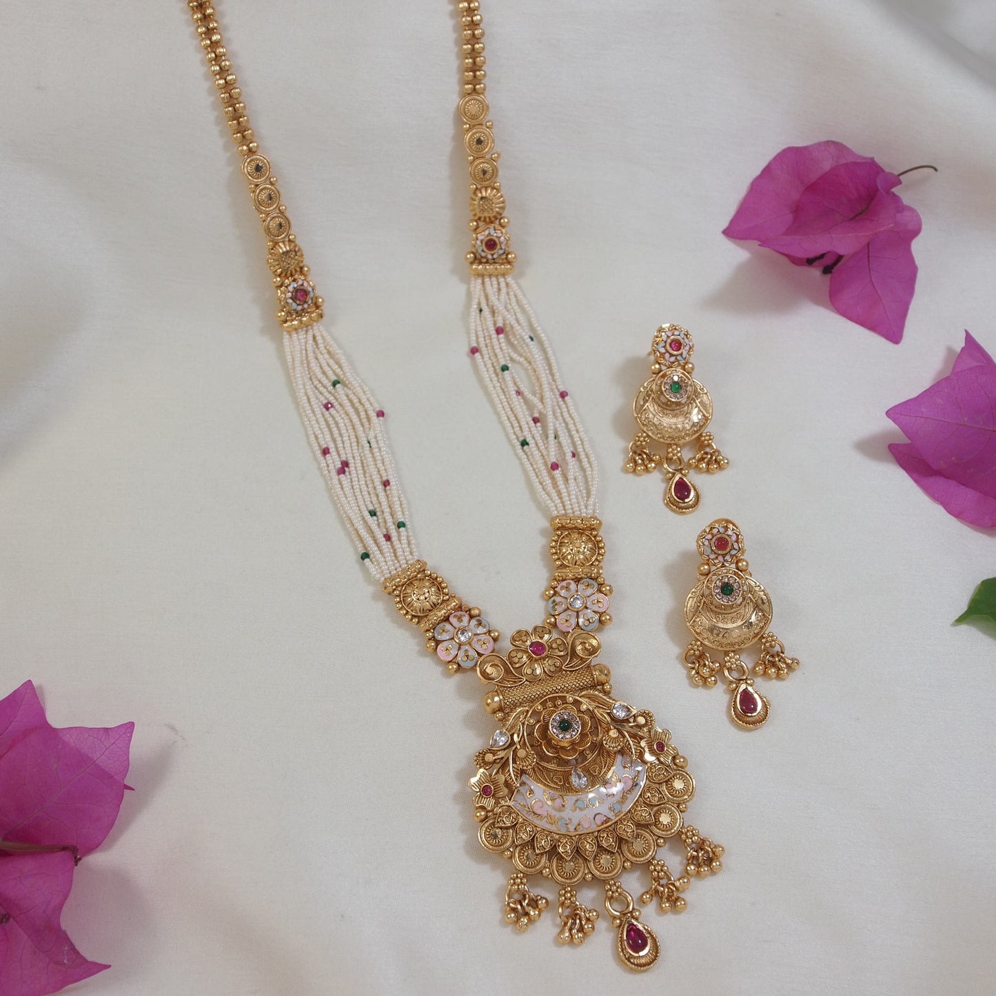 Royal Gold-Toned Long Brass Necklace Set with Pearl Beads and Kundan Embellishments