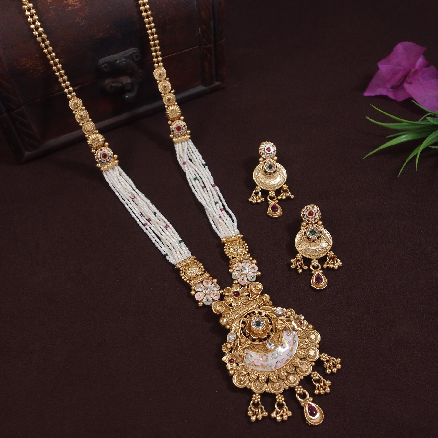 Royal Gold-Toned Long Brass Necklace Set with Pearl Beads and Kundan Embellishments