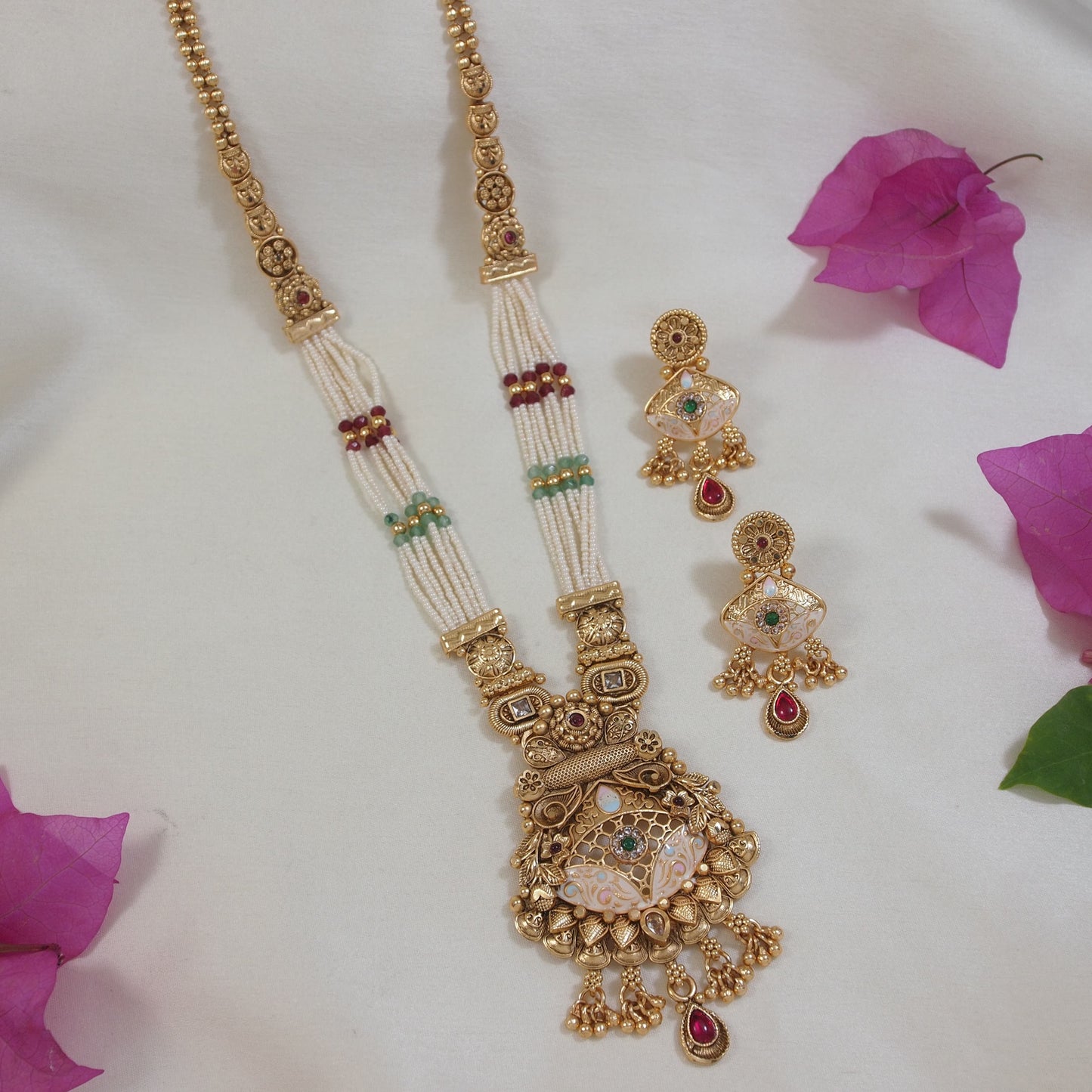Elegant Gold-Toned Long Brass Necklace Set with Kundan and Pearl Beads
