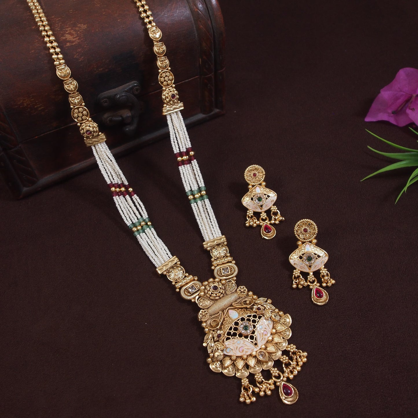 Elegant Gold-Toned Long Brass Necklace Set with Kundan and Pearl Beads