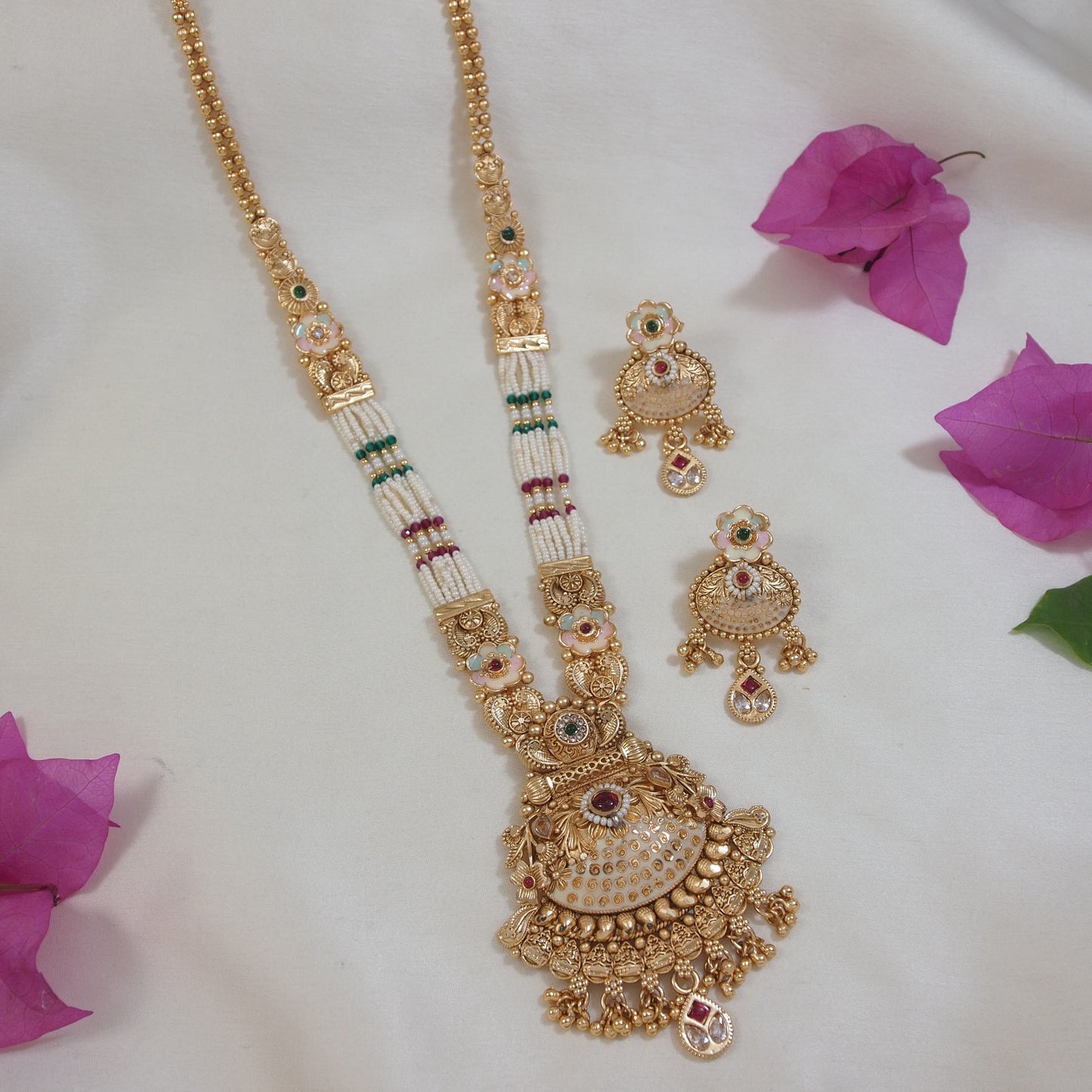 Royal Antique Gold Long Brass Necklace Set with Kundan & Pearl Beads