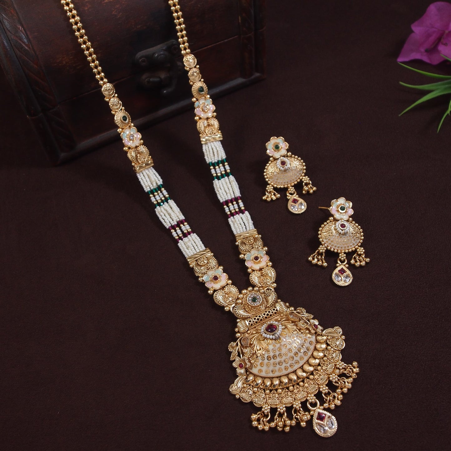 Royal Antique Gold Long Brass Necklace Set with Kundan & Pearl Beads
