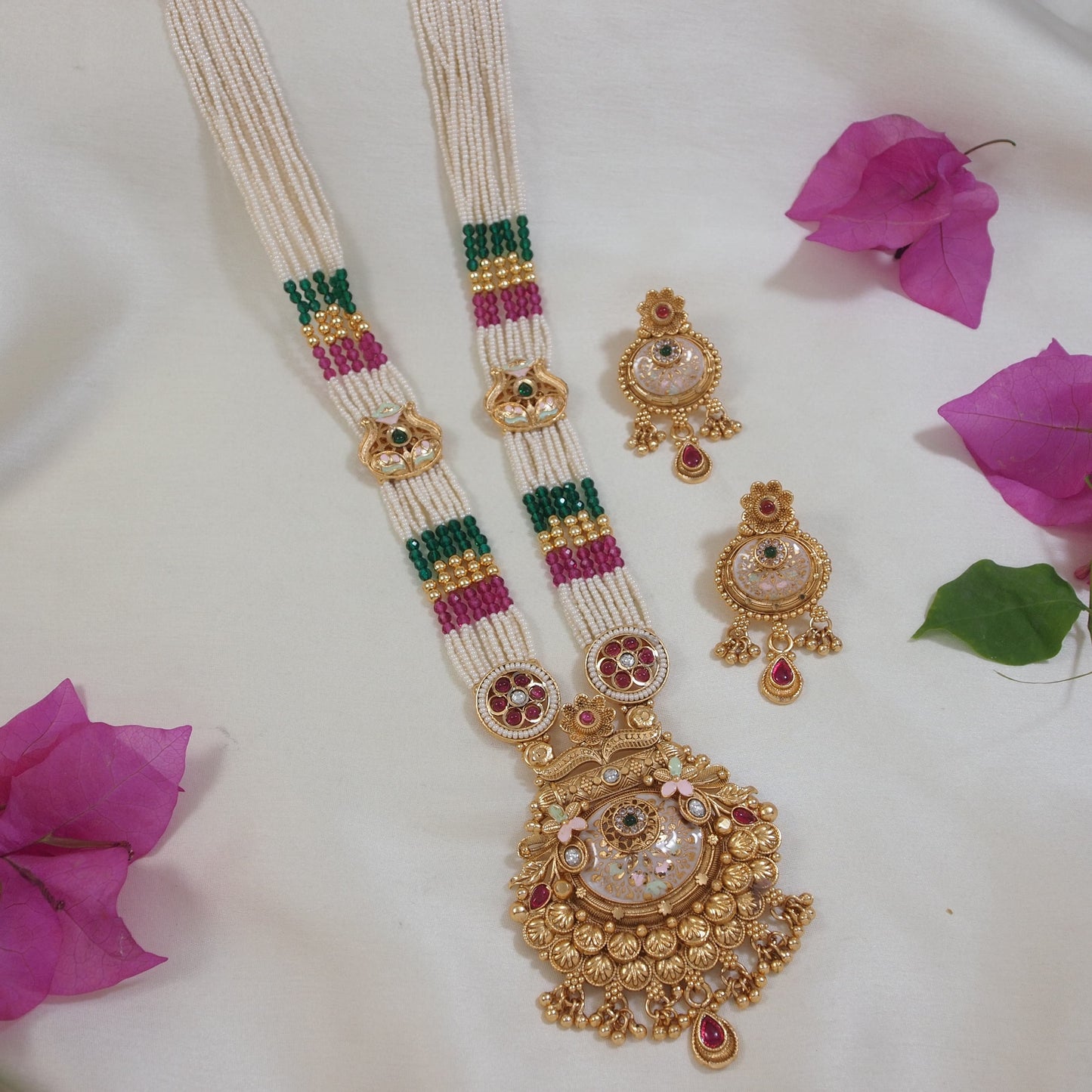 Traditional Long Brass Necklace Set with Kundan, Pearl & Beaded Detailing
