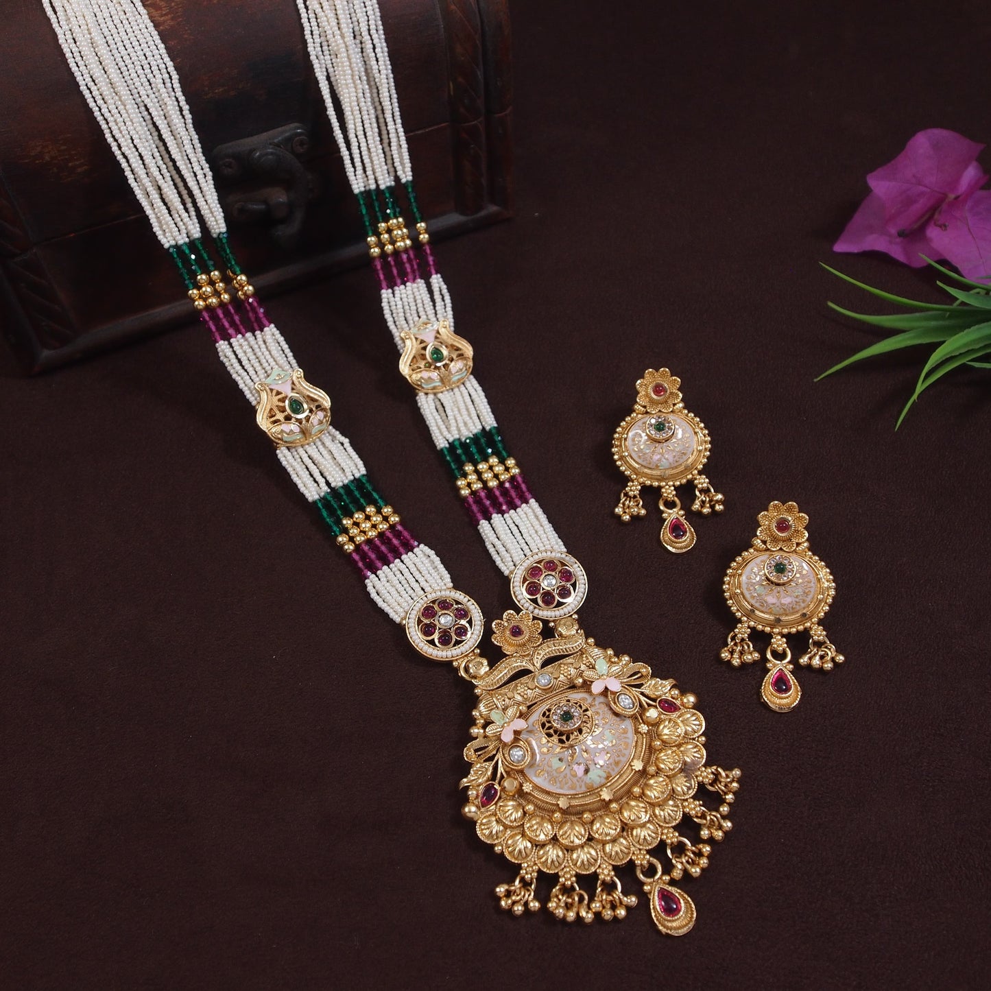 Traditional Long Brass Necklace Set with Kundan, Pearl & Beaded Detailing