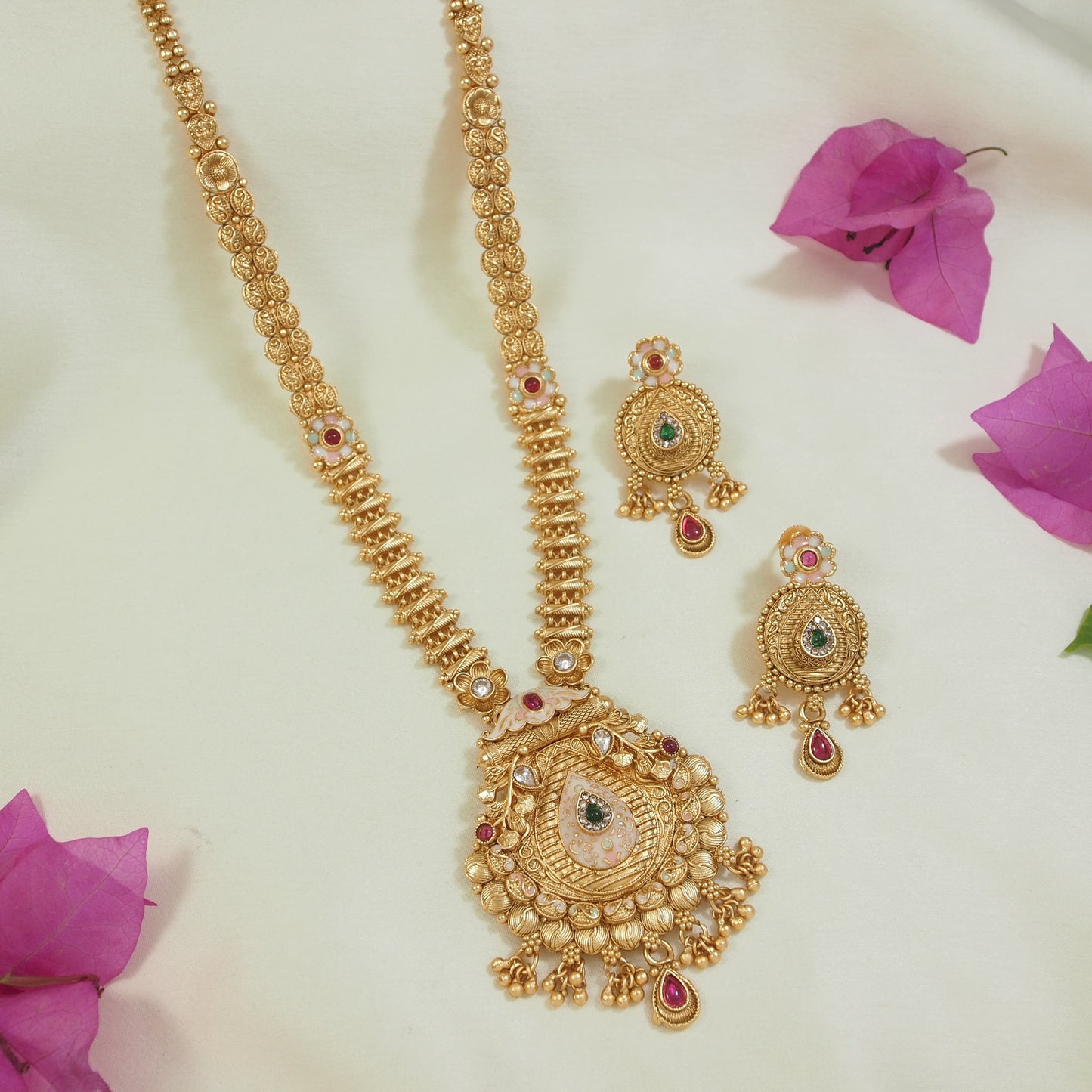 Traditional Gold-Plated Long Brass Necklace Set with Kundan & Pearl Detailing