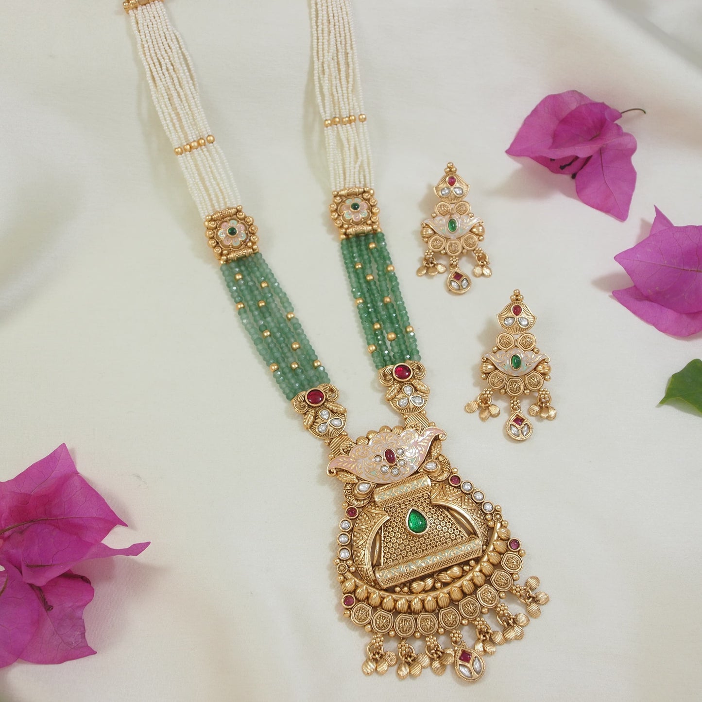 Traditional Long Brass Necklace Set with Kundan, Pearl & Beaded Detailing