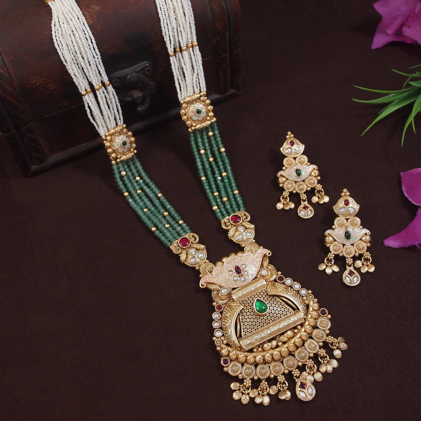 Traditional Long Brass Necklace Set with Kundan, Pearl & Beaded Detailing