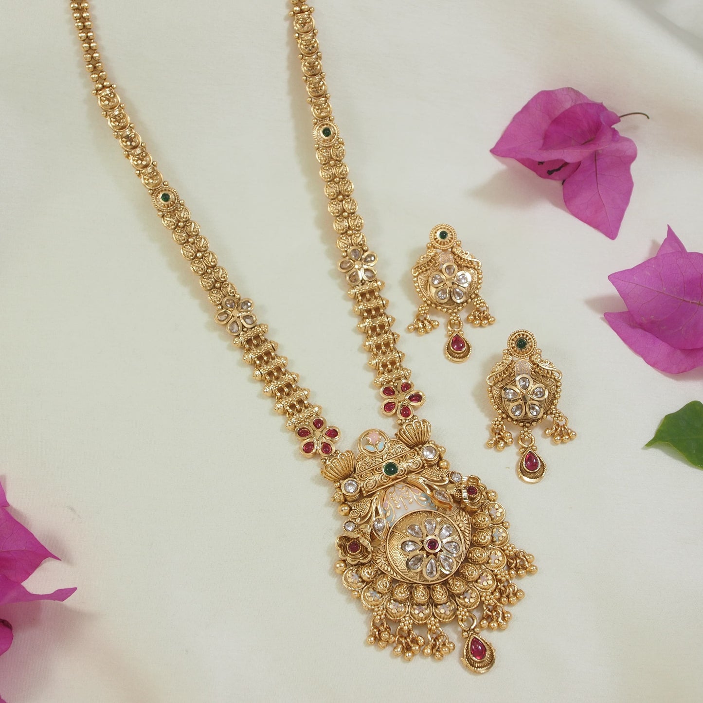 Royal Temple Design Brass Long Necklace Set with Kundan & Pearl Embellishments