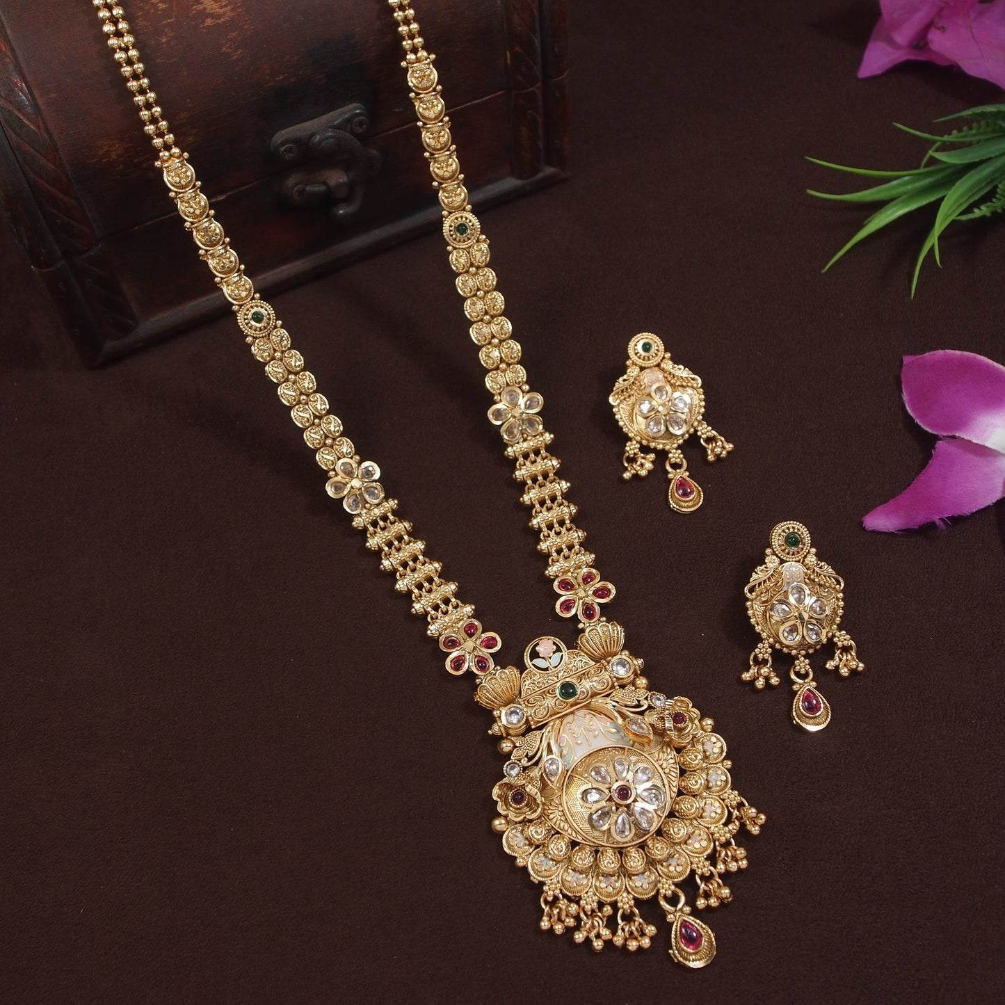 Royal Temple Design Brass Long Necklace Set with Kundan & Pearl Embellishments
