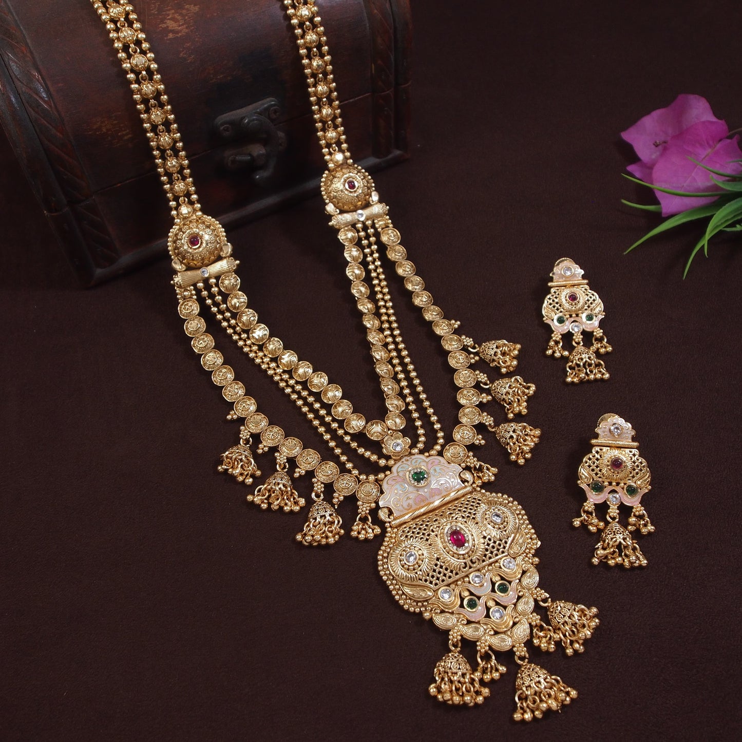 Elegant Brass Long Rani Haar Necklace Set for Women ? Traditional Bridal & Wedding Jewelry with Intricate Design