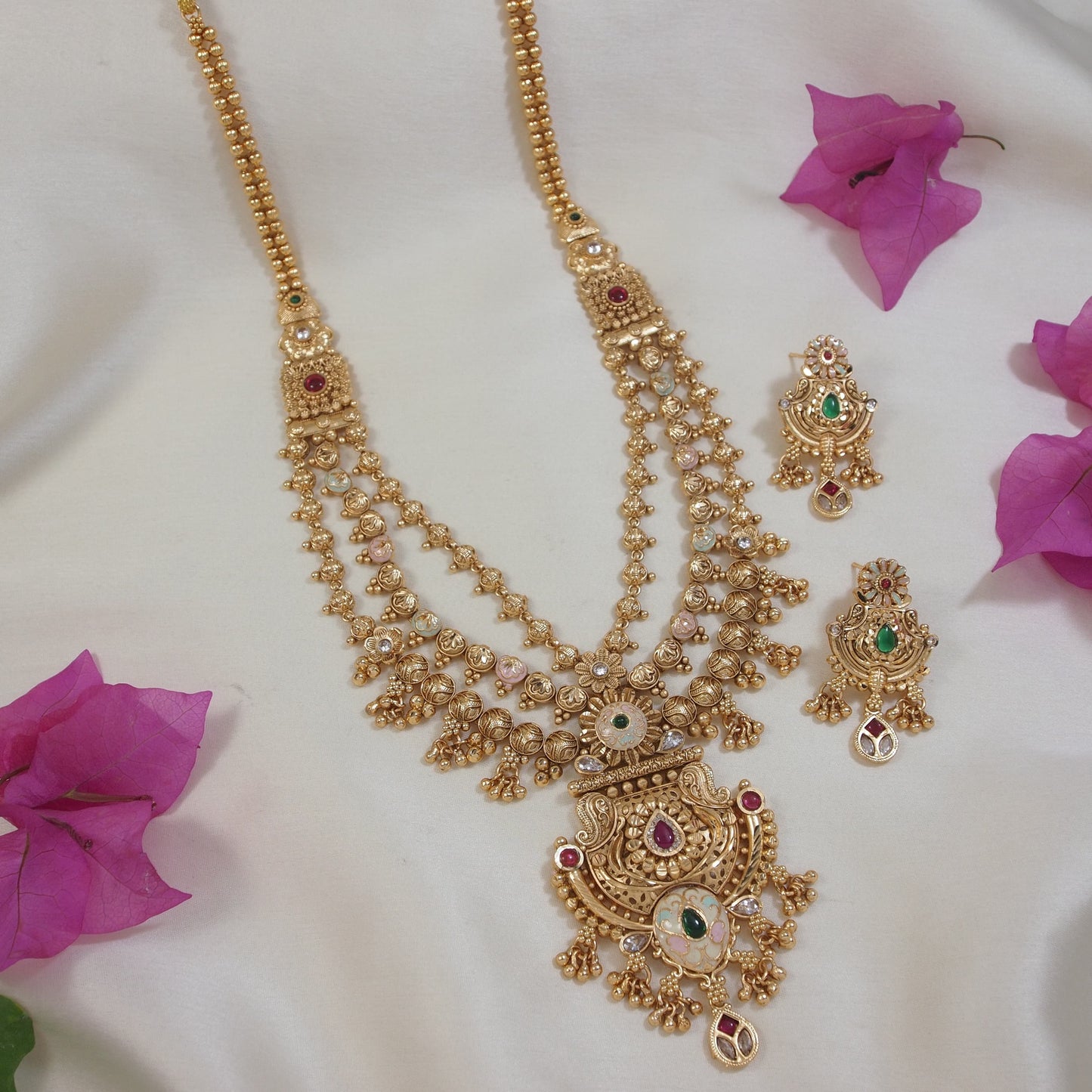 Brass Long Rani Haar Necklace Set with Intricate Kundan and Pearl Detailing ? Traditional Bridal Jewelry