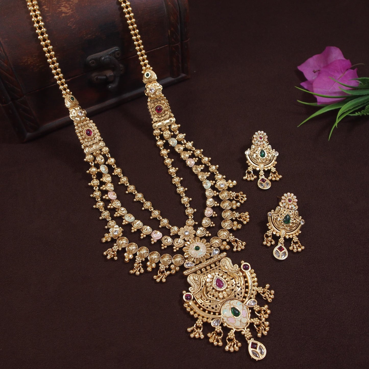Brass Long Rani Haar Necklace Set with Intricate Kundan and Pearl Detailing ? Traditional Bridal Jewelry