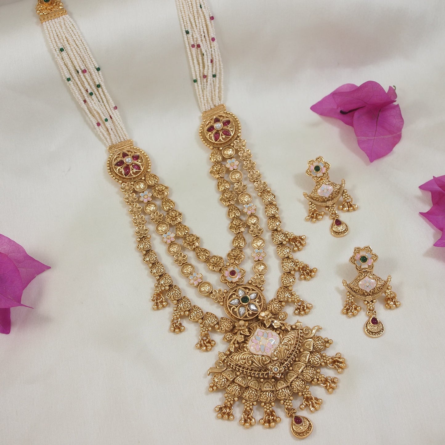 Brass Long Rani Haar Necklace Set with Kundan & Pearl Embellishments ? Traditional Bridal & Festive Jewelry