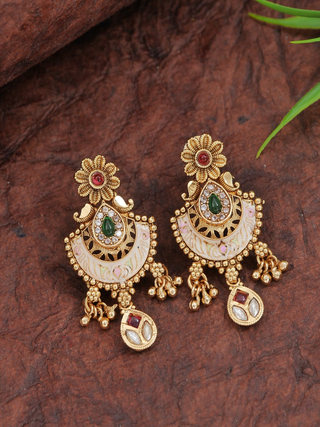 Gold-Plated Traditional Brass Necklace Set with Pearl Beads and Stone Earrings