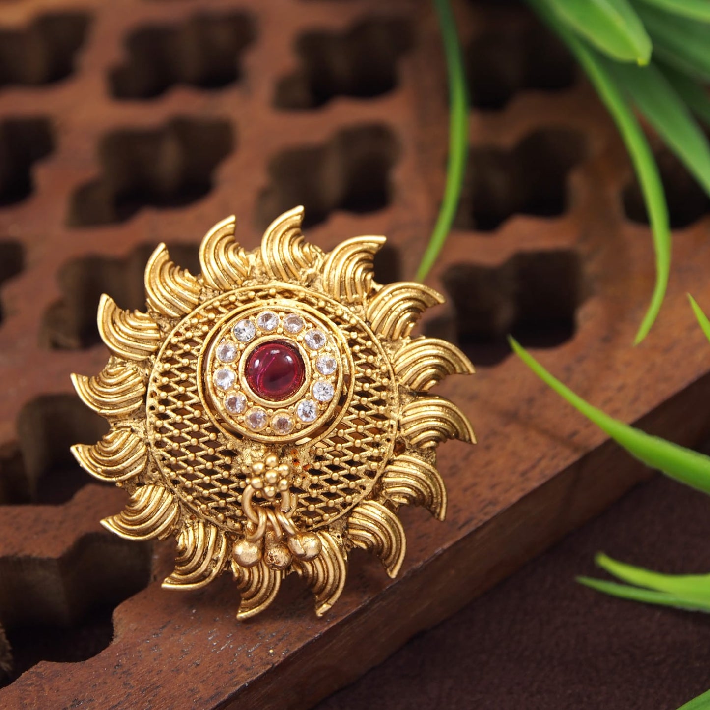 Orna Brass Pearl American Diamond With Gungroo Ring