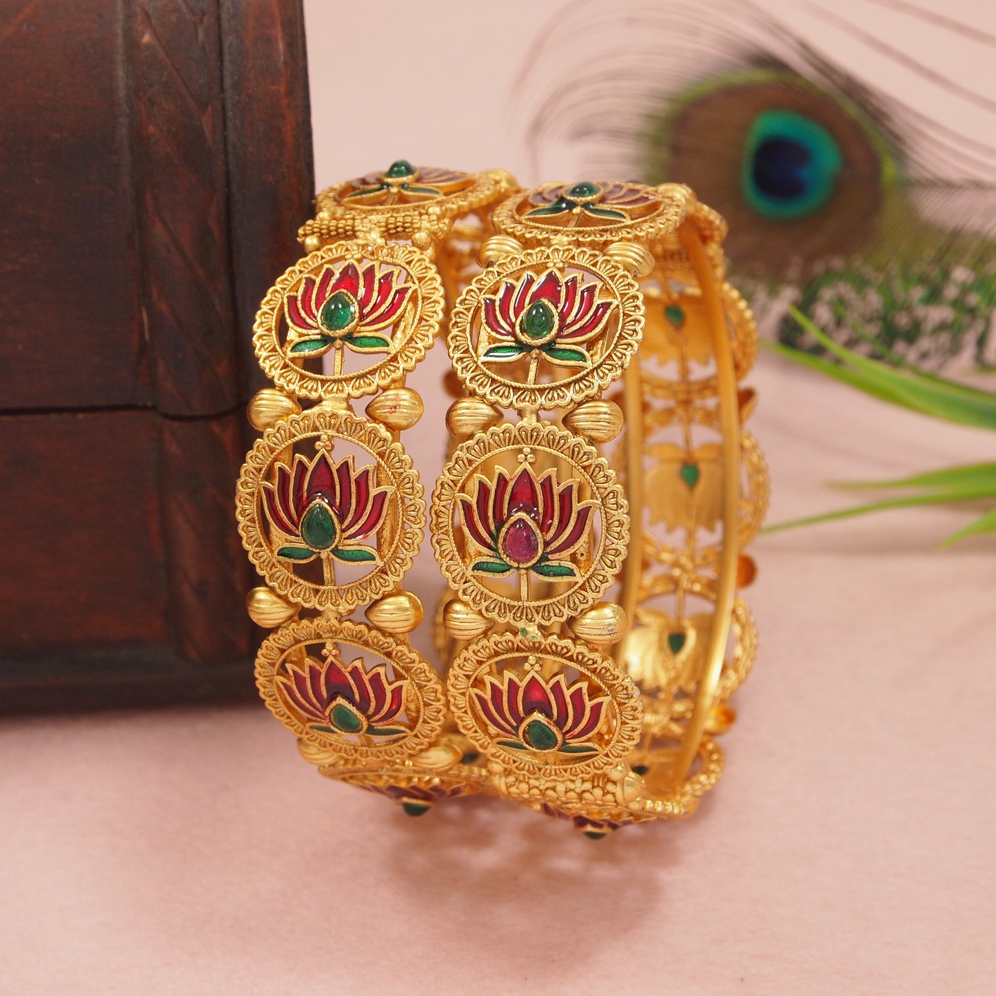 Beautyful Lotus Matte Gold Finish Brass Bangle