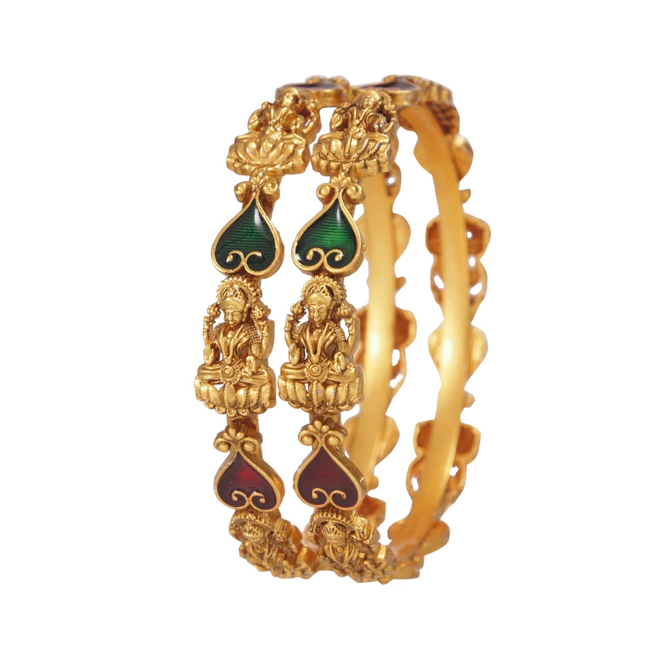 Traditional South Indian Lakshmi Matte Finish Temple Bangles with Red & Green Meenakari Design