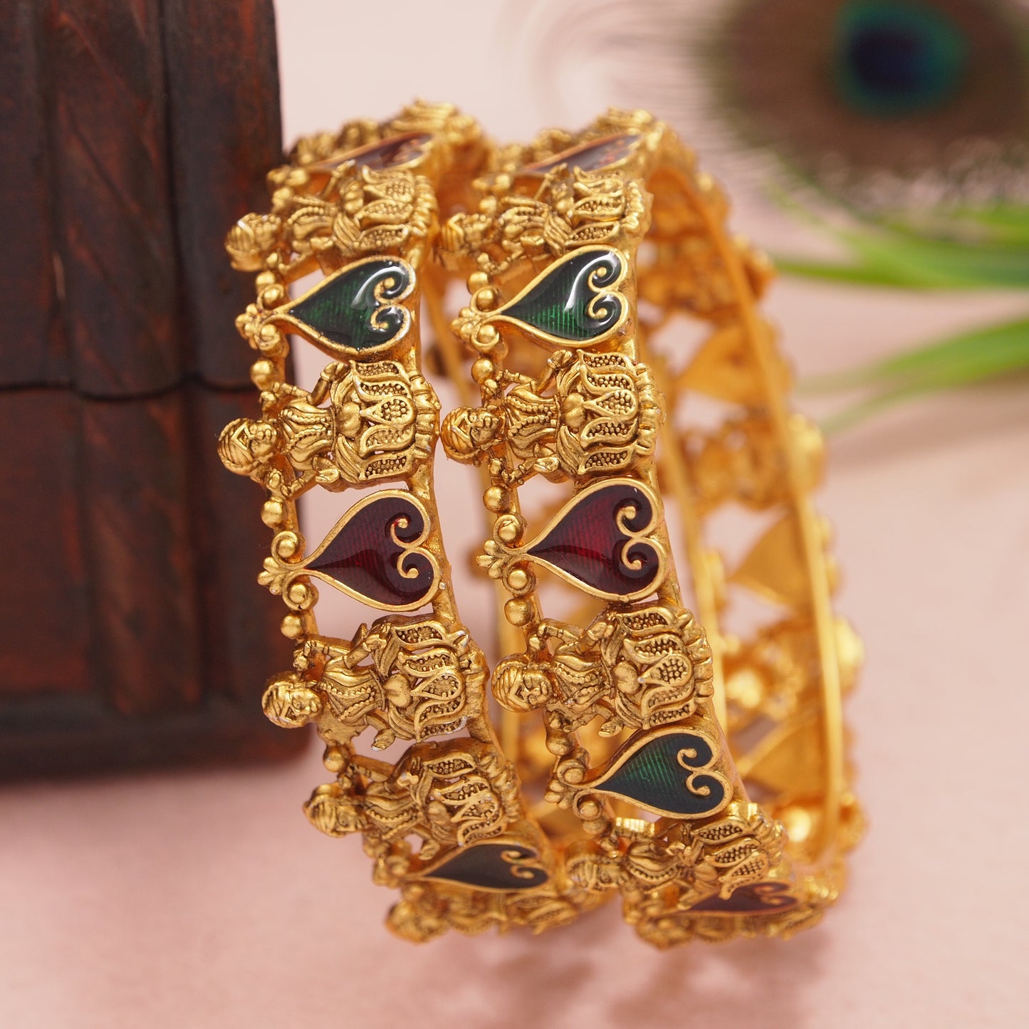 South Indian Lakshmi Temple Style Matte Gold Bangles with Red & Green Meenakari