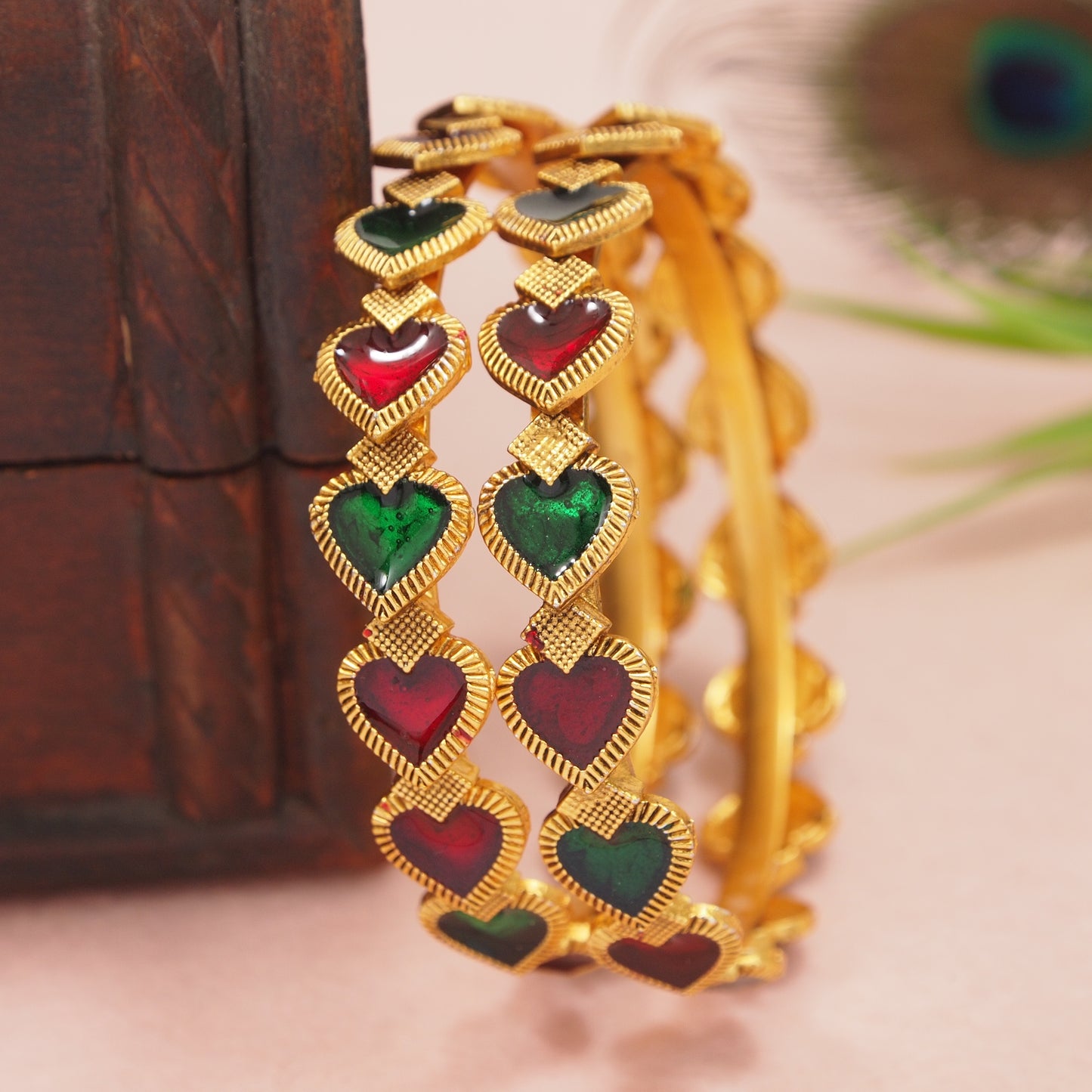 Traditional Gold-Plated Matte Brass Bangles with Red & Green Meenakari Design