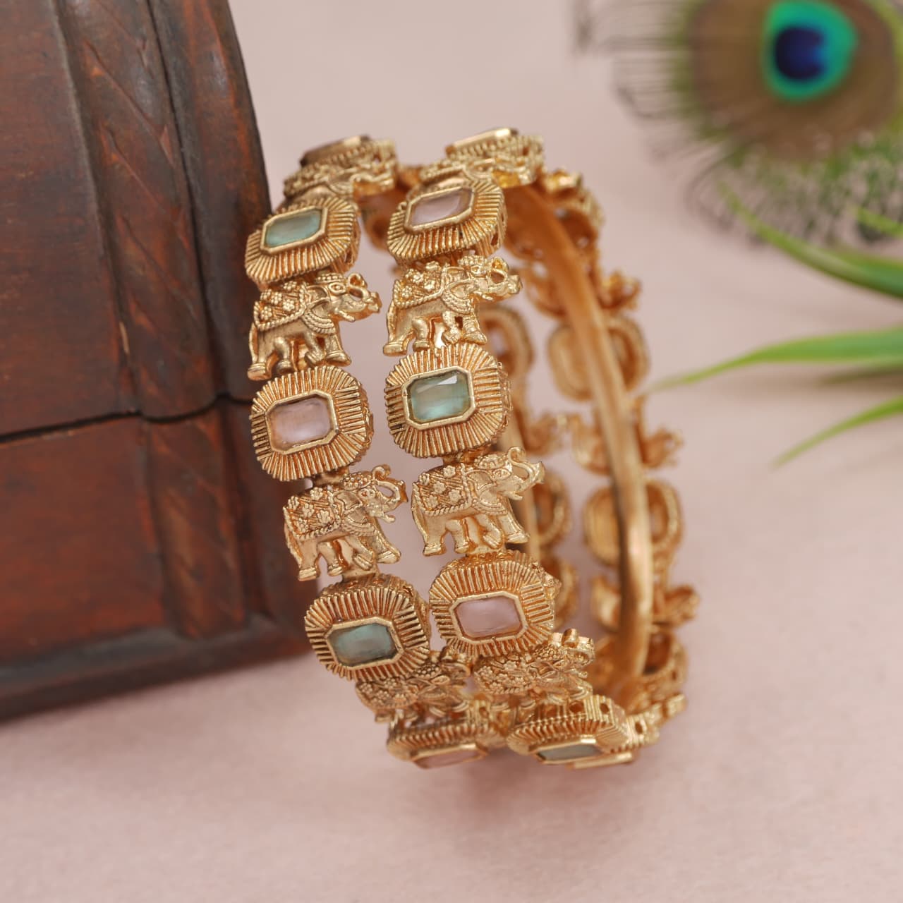 Rajwadi Gold-Plated Brass Bangles with Mint & Pink Stones – Elephant Design