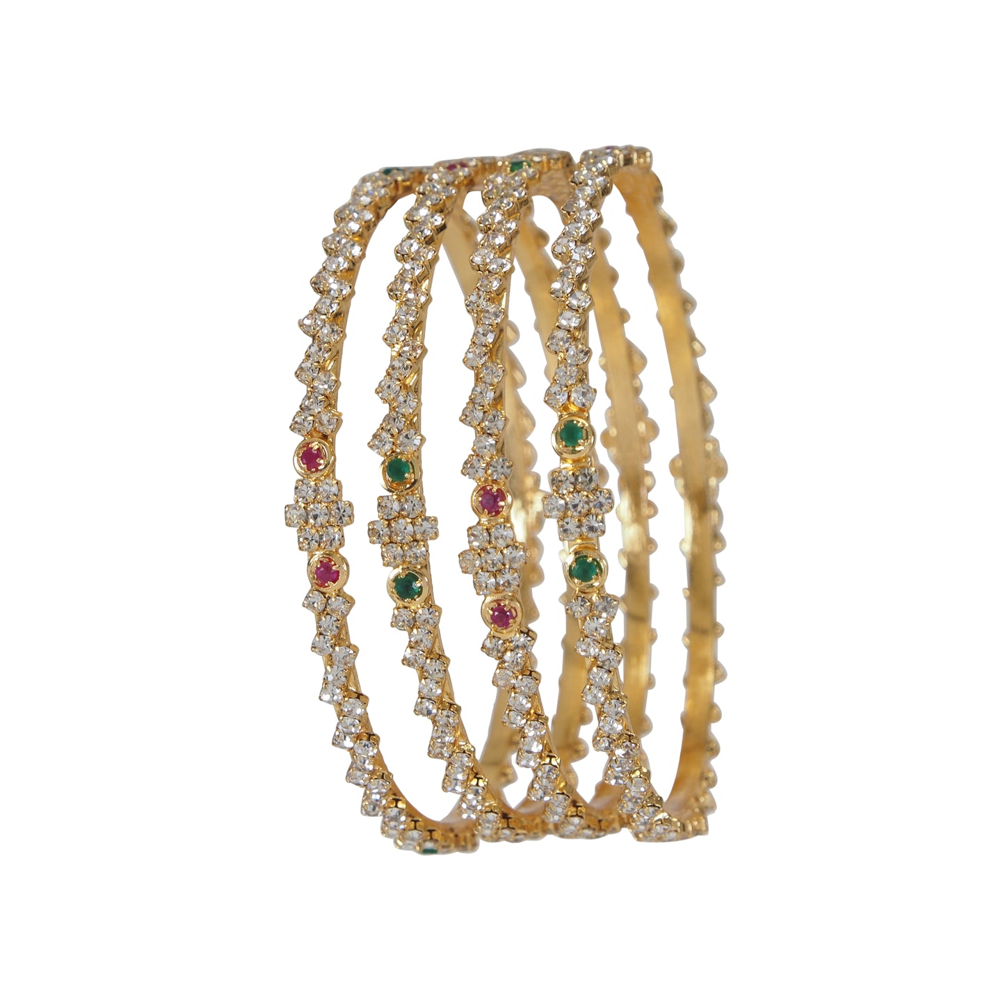 Elegant Gold-Tone Brass Bangles with White Stones & Ruby Accents - Set of 4