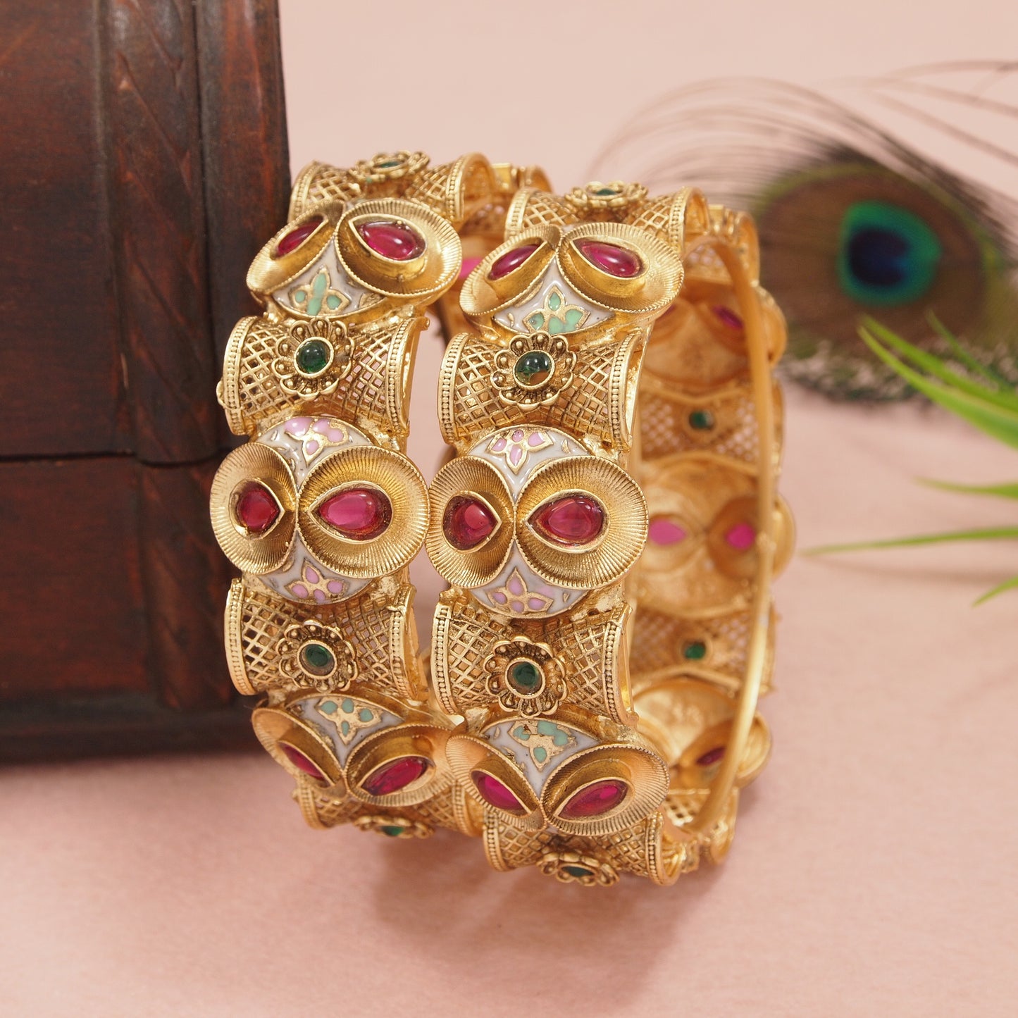 Traditional Gold Plated Antique Bangles with Ruby & Green Stone & Meenakari Work