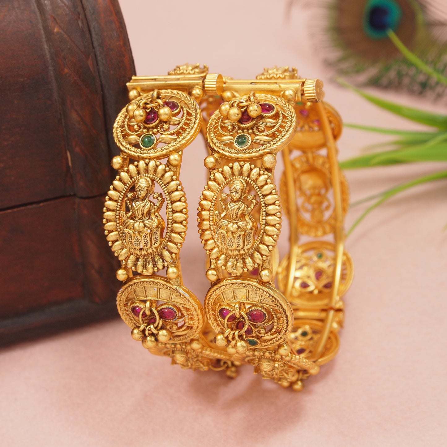 Traditional Gold-Plated Matte Brass Bangles with Red & Green Stone & Gungroo Work