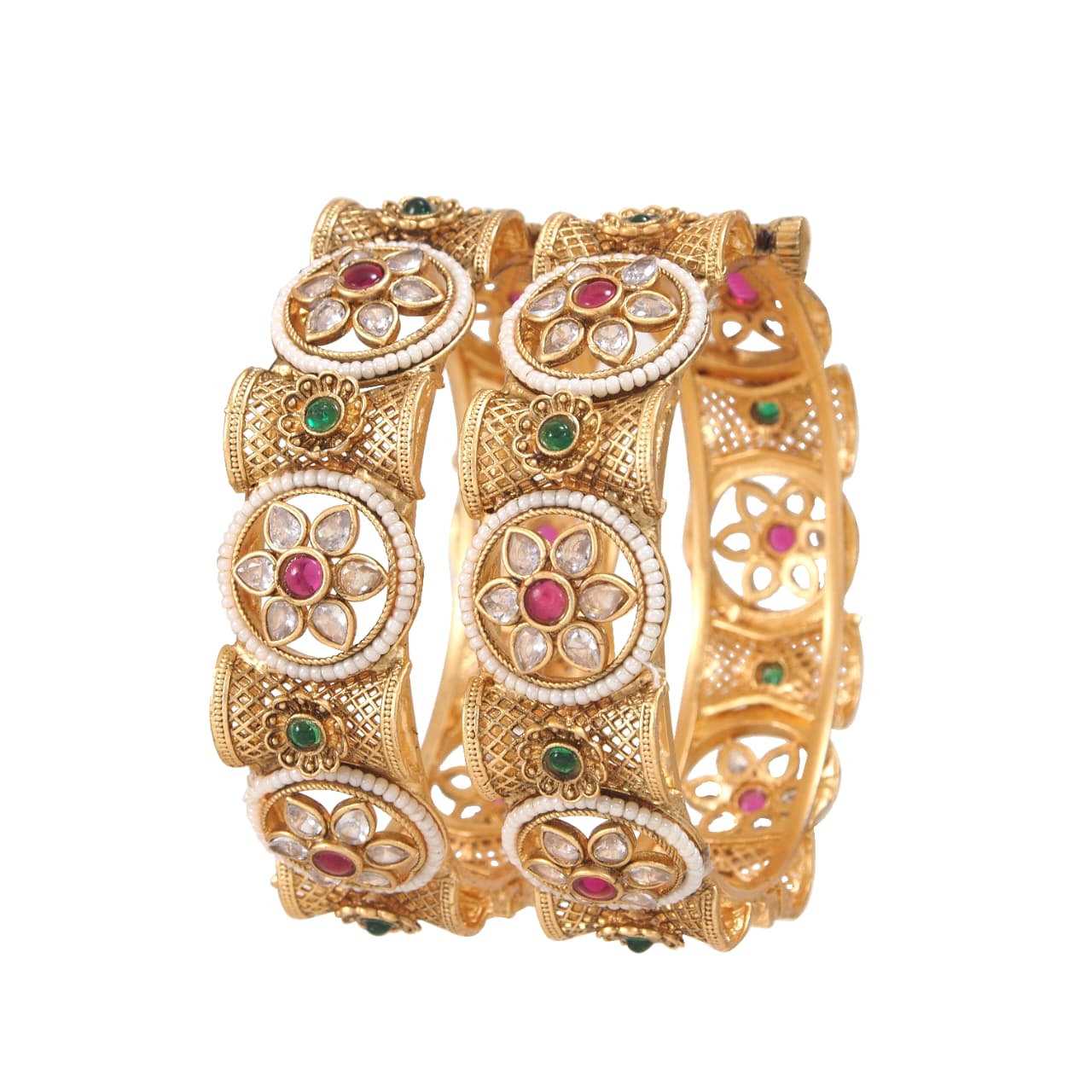 Elegant Antique Gold-Plated Kundan & Pearl Bangles for Women