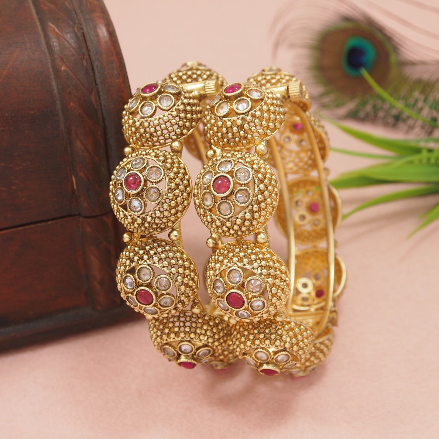 Antique Gold Plated Bangles with Red & White Stone Embellishments