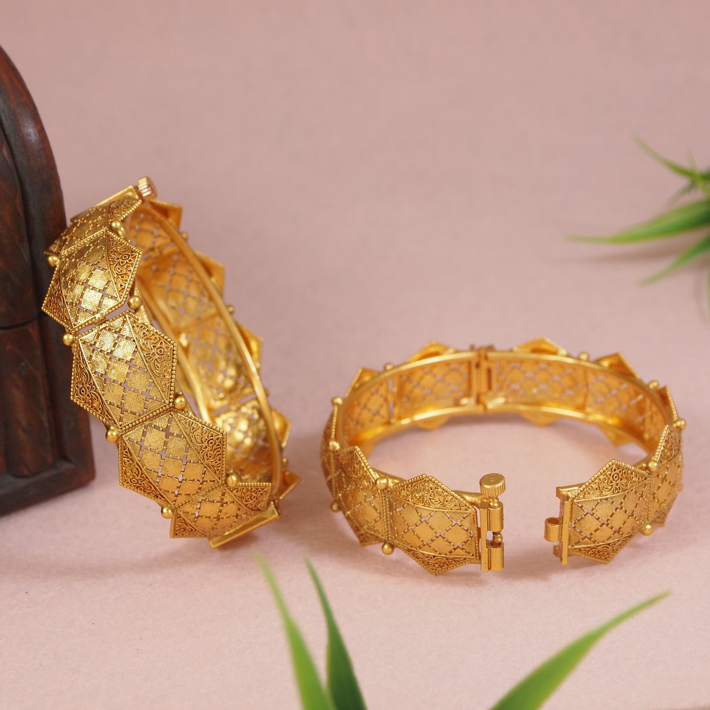 Antique Gold Finish Hexagonal Temple Bangles - Traditional Brass Jewelry
