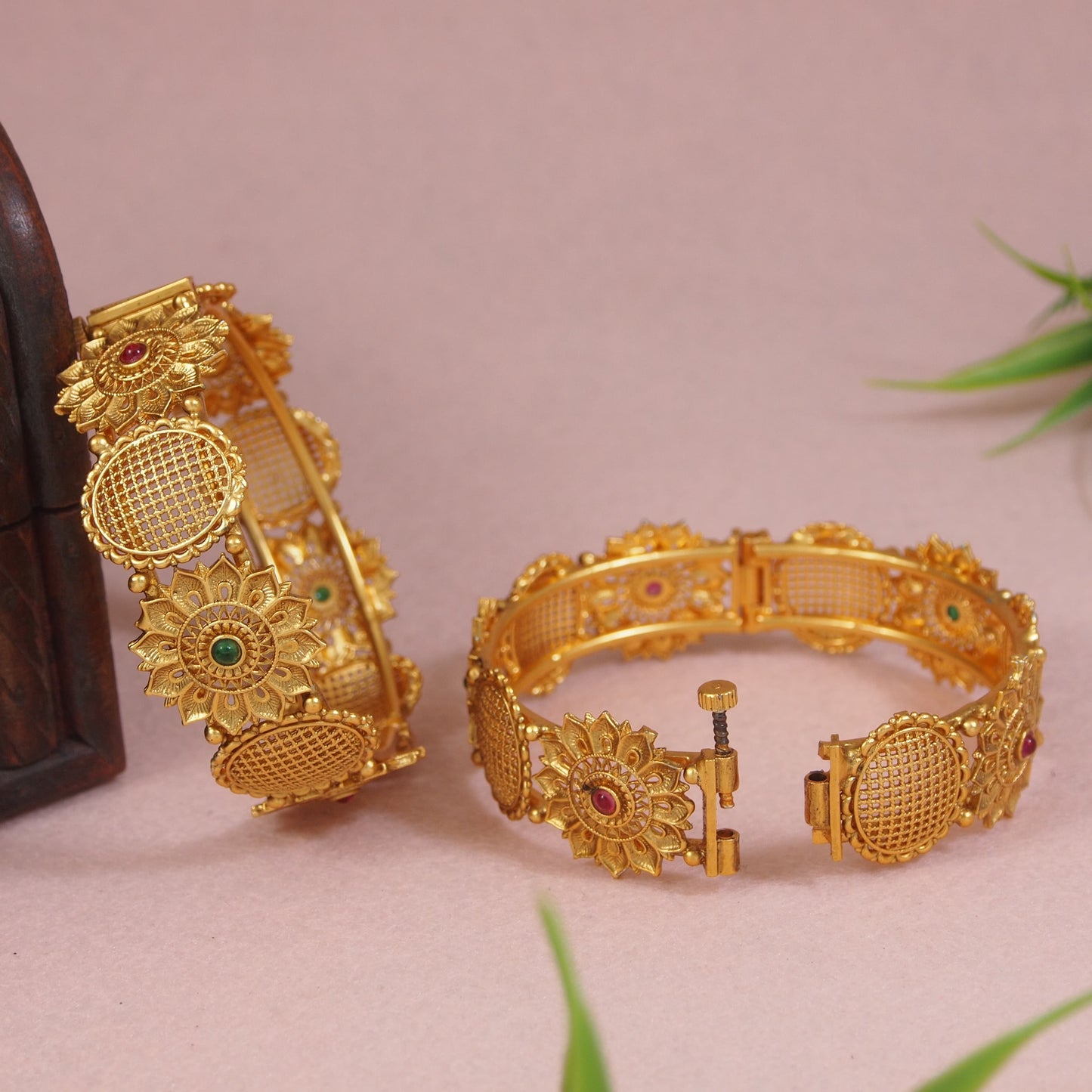 Antique Gold Finish Sunflower Motif Bangles with Gemstone Accents - Traditional Temple Jewelry