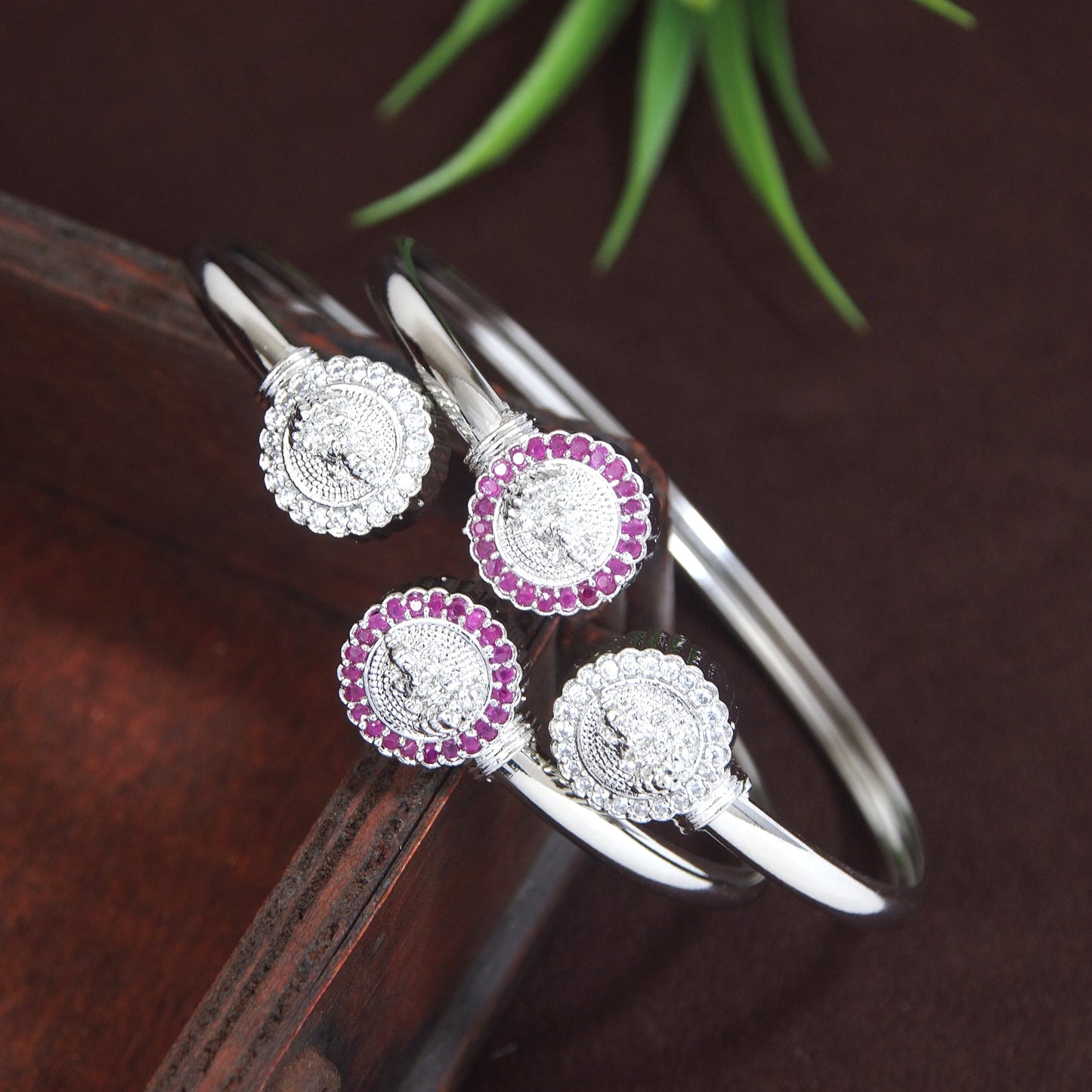 Elegant AD Silver Bracelet with Ruby and White Stone Accents